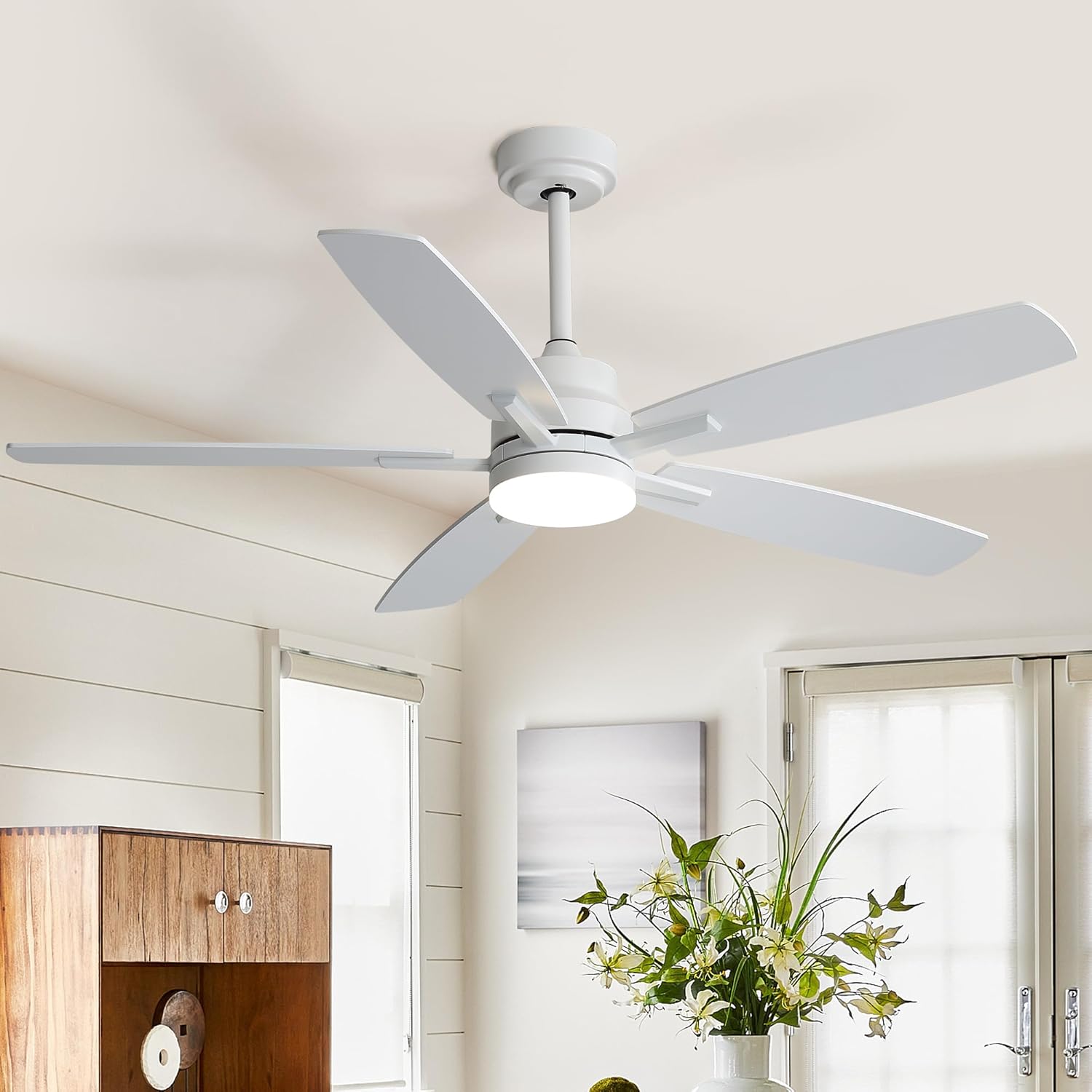 ARTPLAN 52 Inch Ceiling Fan with Light, Remote Control - 6-Speed Quiet DC Motor, Dimmable LED, Flush Mount for Bedroom/Living Room,White