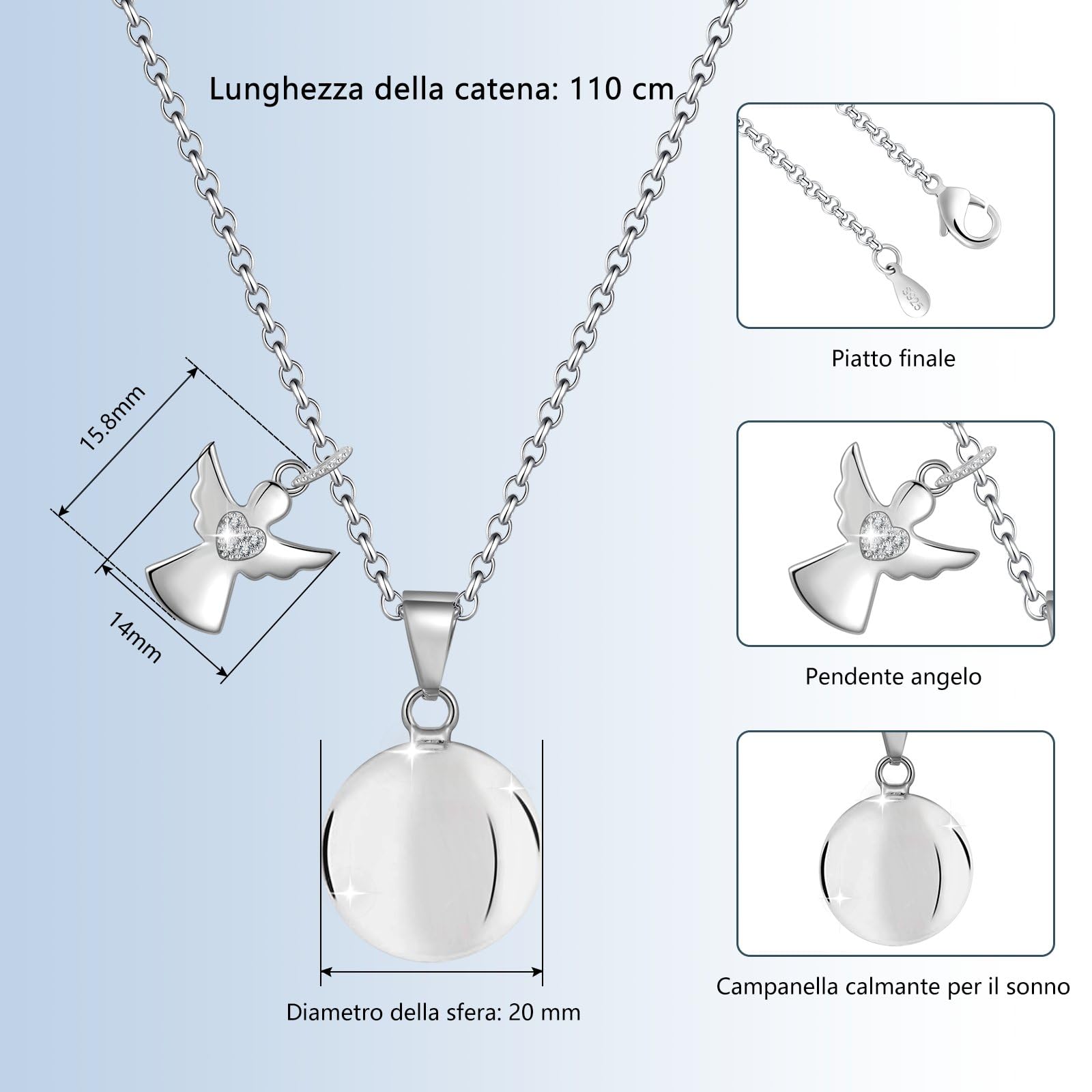 Richiamo Dell'Angelo Collar Per Donna In Gravidanza, Lunghezza 110 Cm Collana In Argento 925 Donna Con Sferico Pendentivo, Regali Perfutura Mamma, Amica, Sorella