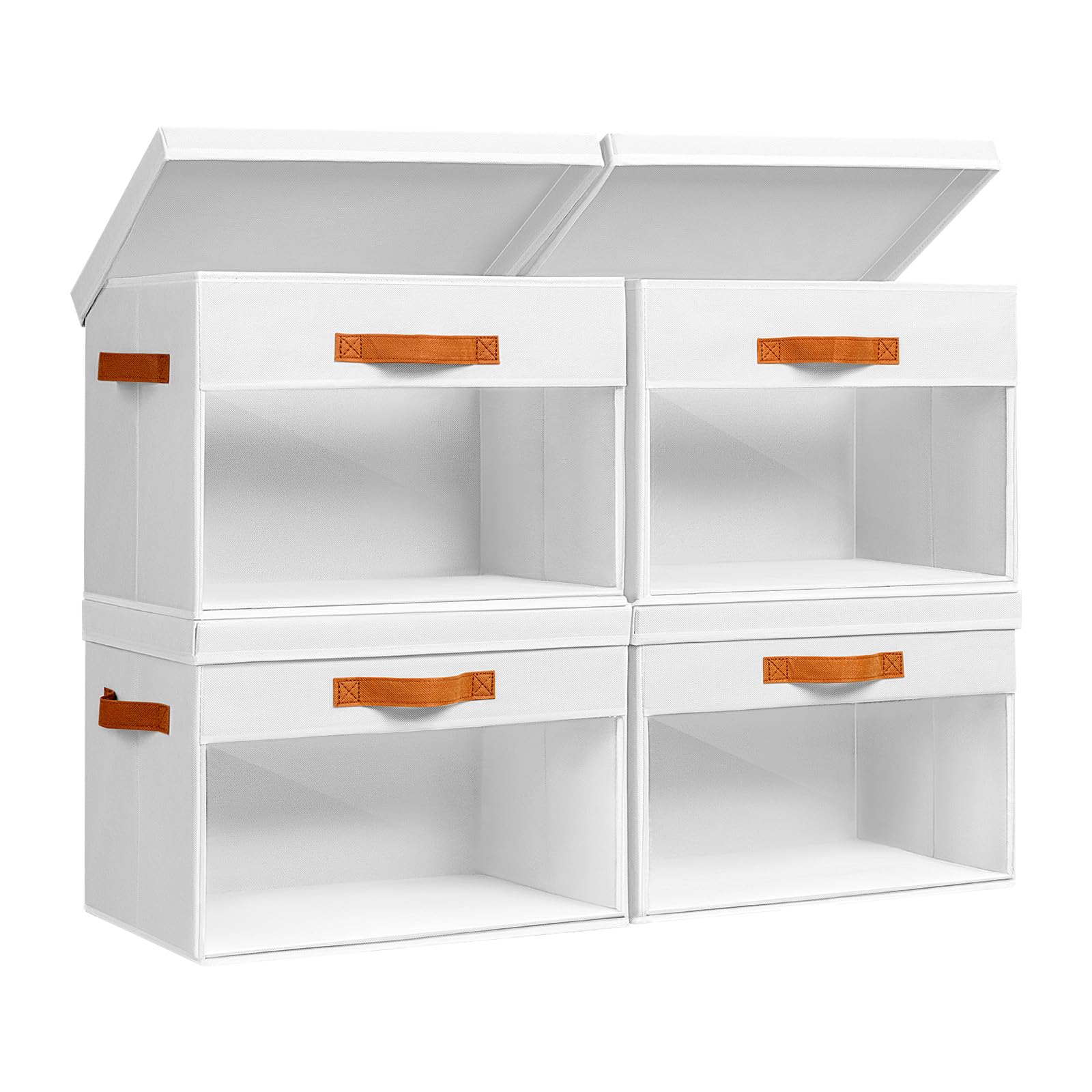 Homsorout Aufbewahrungsboxen mit Deckel Große - Aufbewahrungskorb Stoff Faltbare 4er Set Aufbewahrungsbox mit Transparentem Sichtfenster, 42 x 30 x 28 cm Faltbox für Kleidung, Kleiderschrank, Weiß