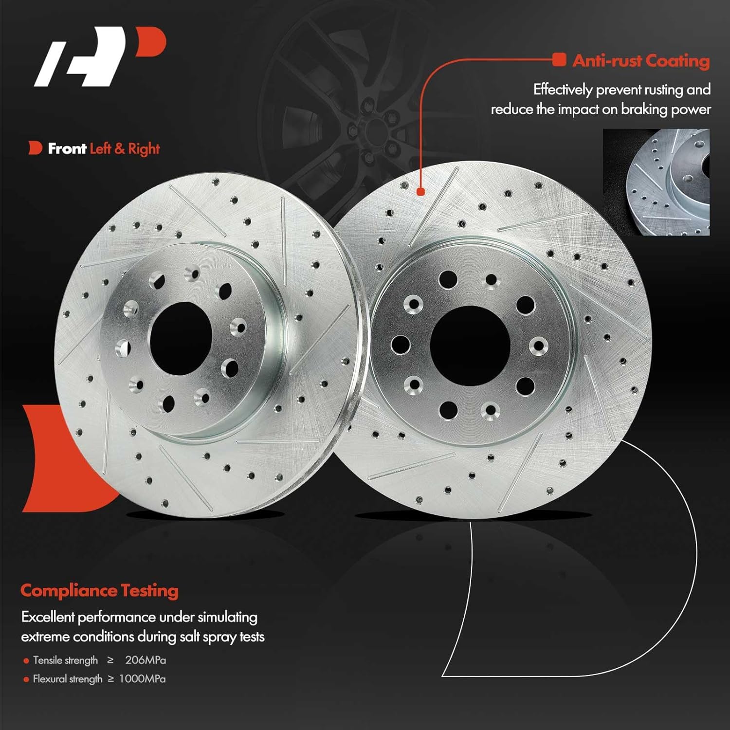 A-Premium 12.64 in (321 mm) Front Drilled and Slotted Disc Brake Rotors + Ceramic Pads Kit Compatible with Select Chevrolet and Cadillac Models - Camaro 2016-2020 2022, CTS 2015-2019, 6-PC Set