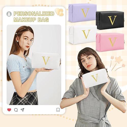 Miniatura 4 de Bolsa de maquillaje con inicial de regalo personalizado, con letras bordadas doradas, bolsa de cosméticos para niñas adolescentes, pequeña bolsa de