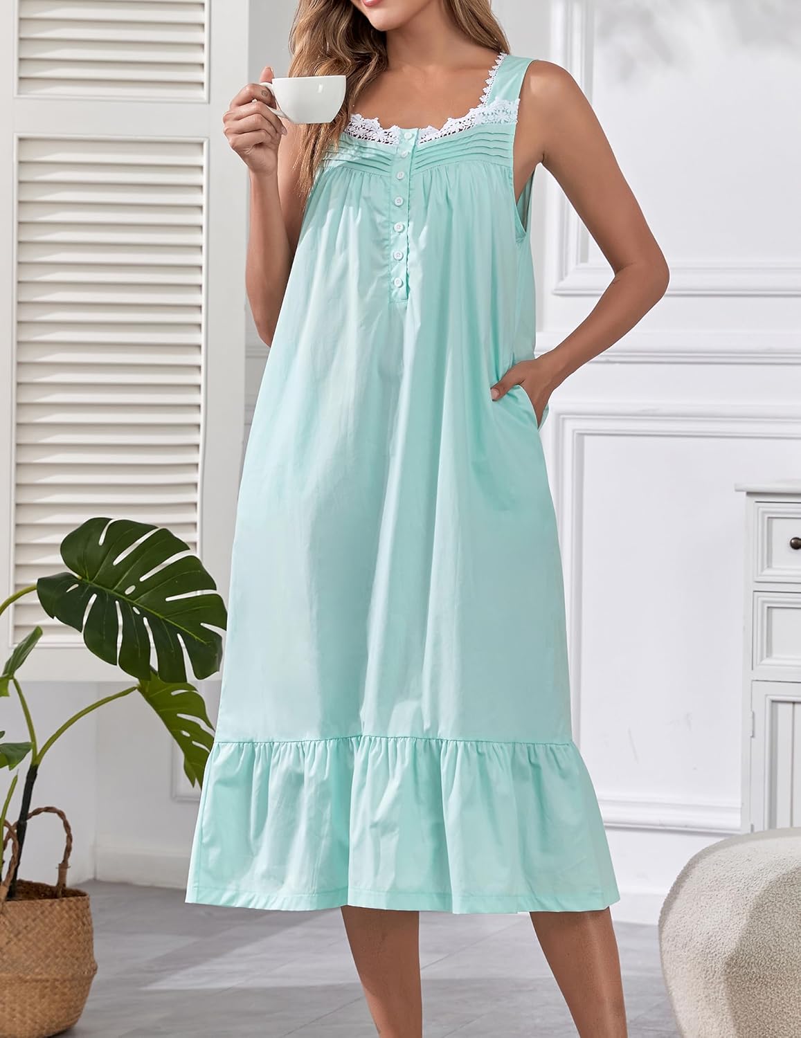 100% Cotton Nightgowns For Women Sleeveless Night Gown Long Sleep Dress With Pockets - Image 2
