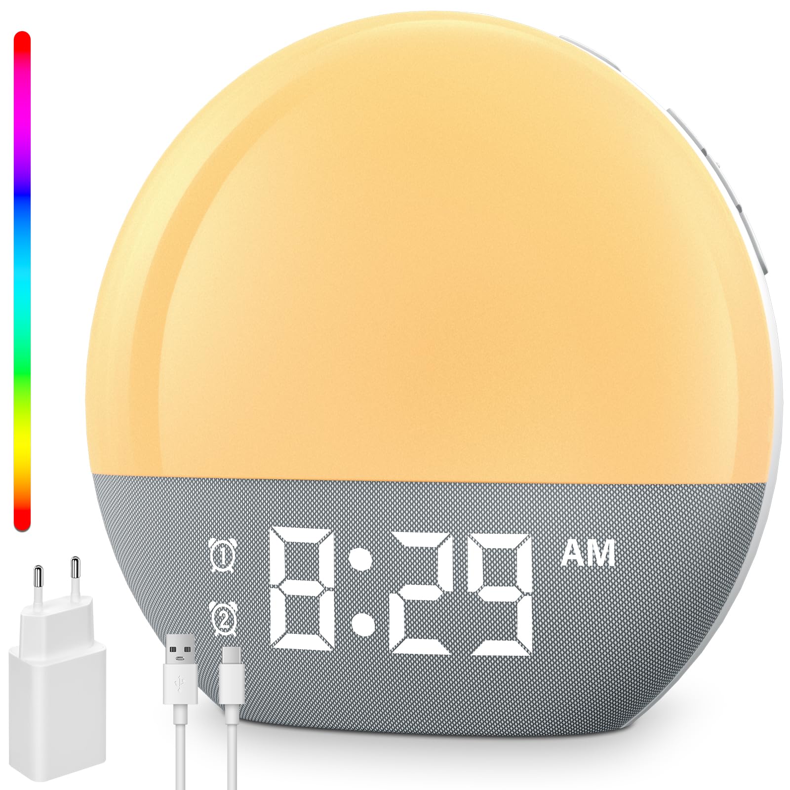 Sveglia a luce diurna, con doppio allarme digitale, 18 luci a colori, 20 luminosità, 24 suoni naturali, radio FM, simulazione dell'alba colorata, regalo per donne e uomini
