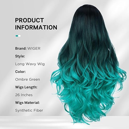 Miniatura 3 de WIGER Peluca larga ondulada de color verde azulado degradado, pelucas largas y rizadas de color degradado, pelucas de pelo sintético con raya en