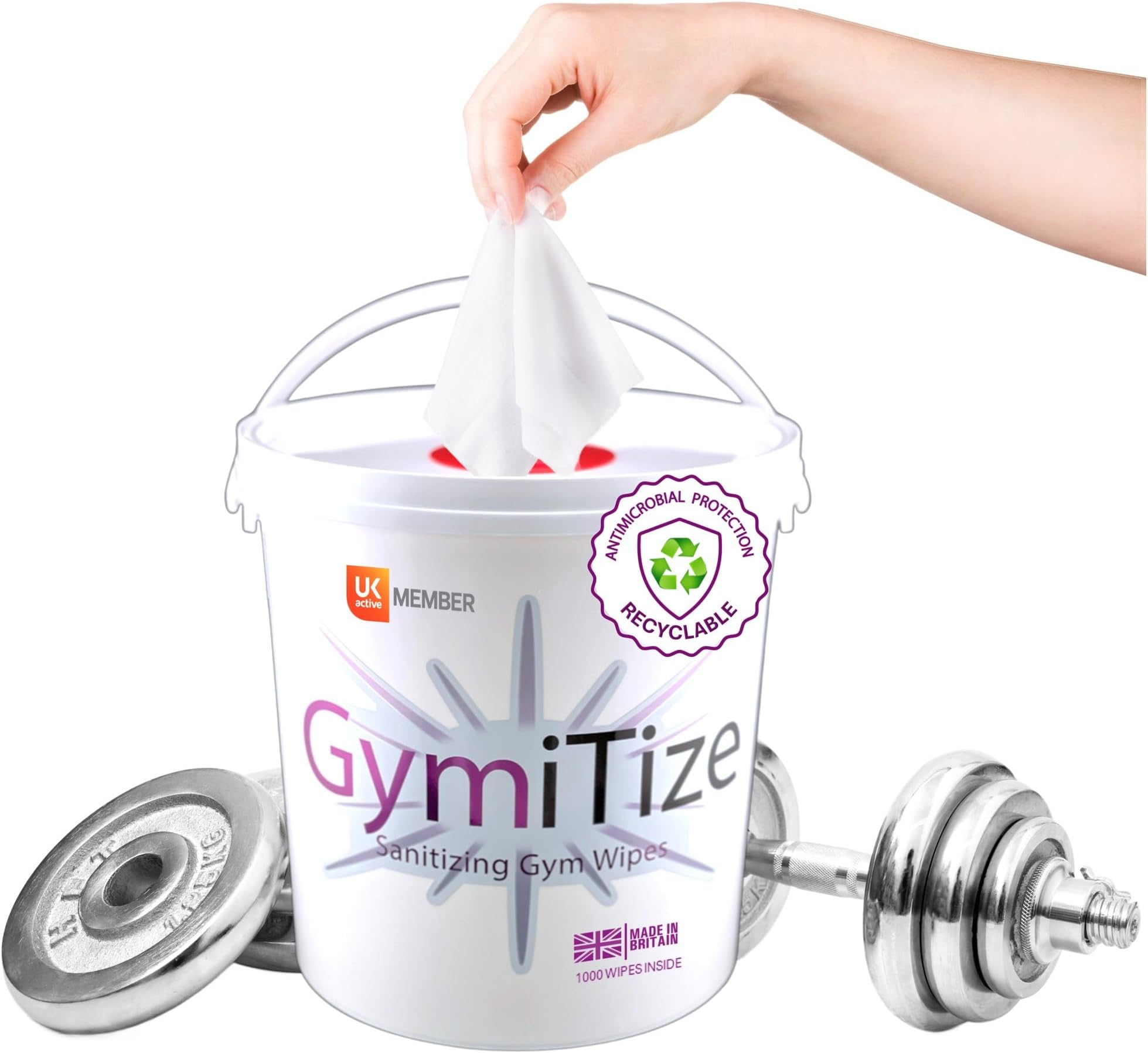 Gym Wipes, 1 Buckets, Alcohol Free, Antibacterial, Antiviral, Surface Cleaner, Advanced Barrier Technology, Made in the UK, 1000 Wipes (Pack of 1 Bucket)