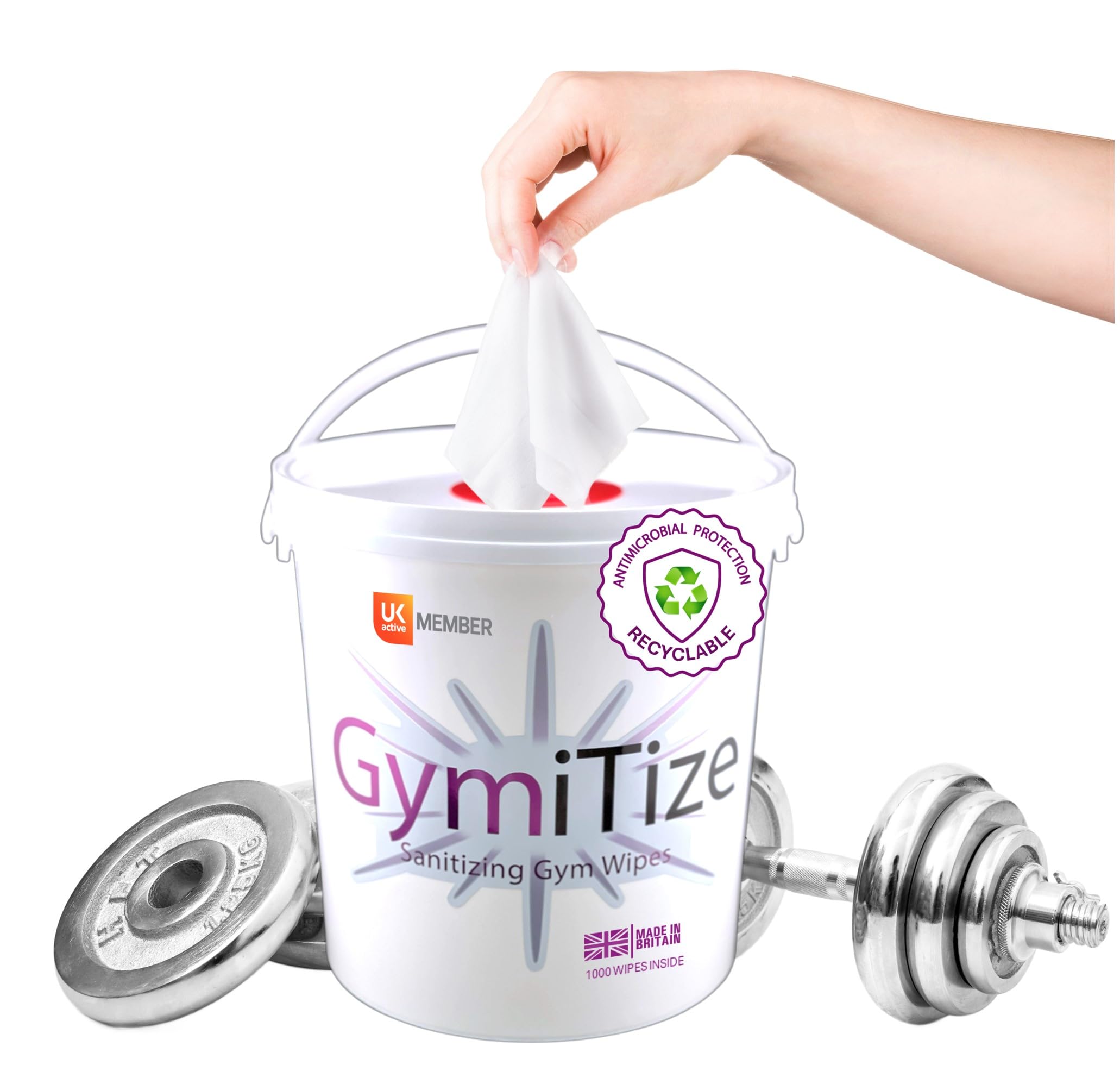 GymiTize Gym Wipes, 1 Buckets, Alcohol Free, Antibacterial, Antiviral, Surface Cleaner, Advanced Barrier Technology, Made in the UK, 1000 Wipes (Pack of 1 Bucket)