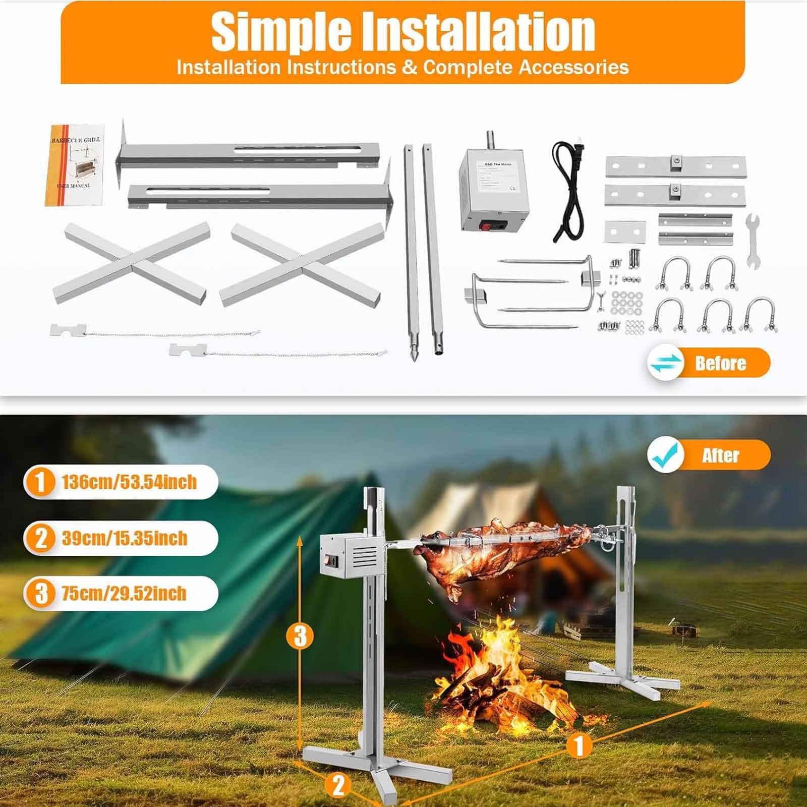 Kit Girarrosto Elettrico Per Barbecue Con Motore, Capacità Di Carico 40 Kg | Girarrosto Automatico In Acciaio Inox Con Motore, Altezza Regolabile, Rotazione A 360°, Per Barbecue,