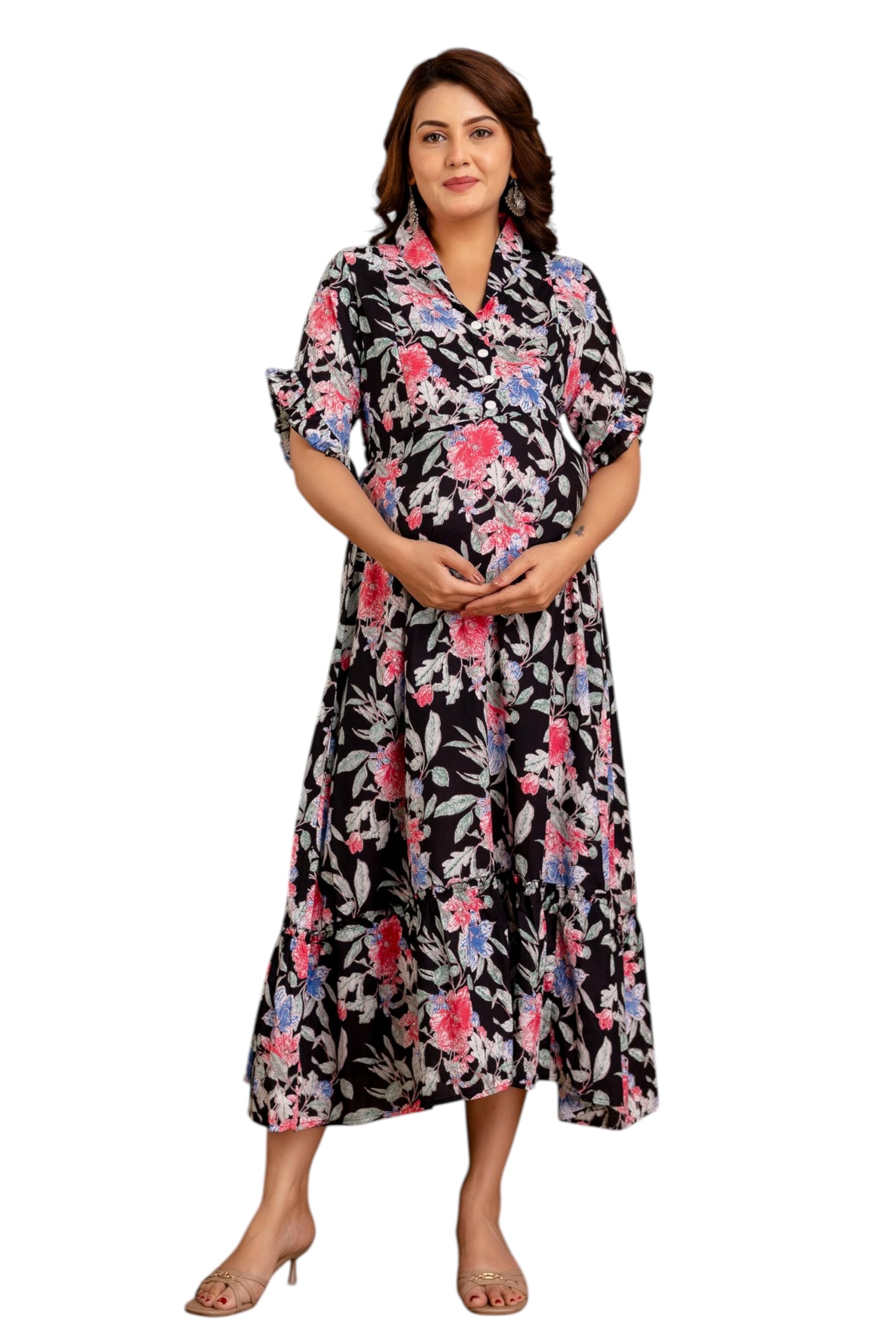 henal Women's Floral Cotton A-Line Maternity Maxi Dress with Ruffle Sleeves | Comfortable Pregnancy Wear with Hidden Nursing Zippers | Stylish & Breathable Design-picture-8