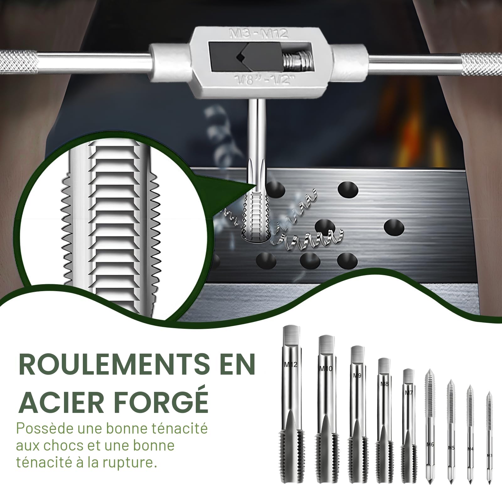 Kit Taraudage Coffret Taraud Tarauds et Filières Tourne a Gauche 20 Pcs Filiere Plomberie Tareaux et Filieres M3-M12 Porte Taraud Machine Tareau et Filiere Reparation Filetages Outils de Filetage