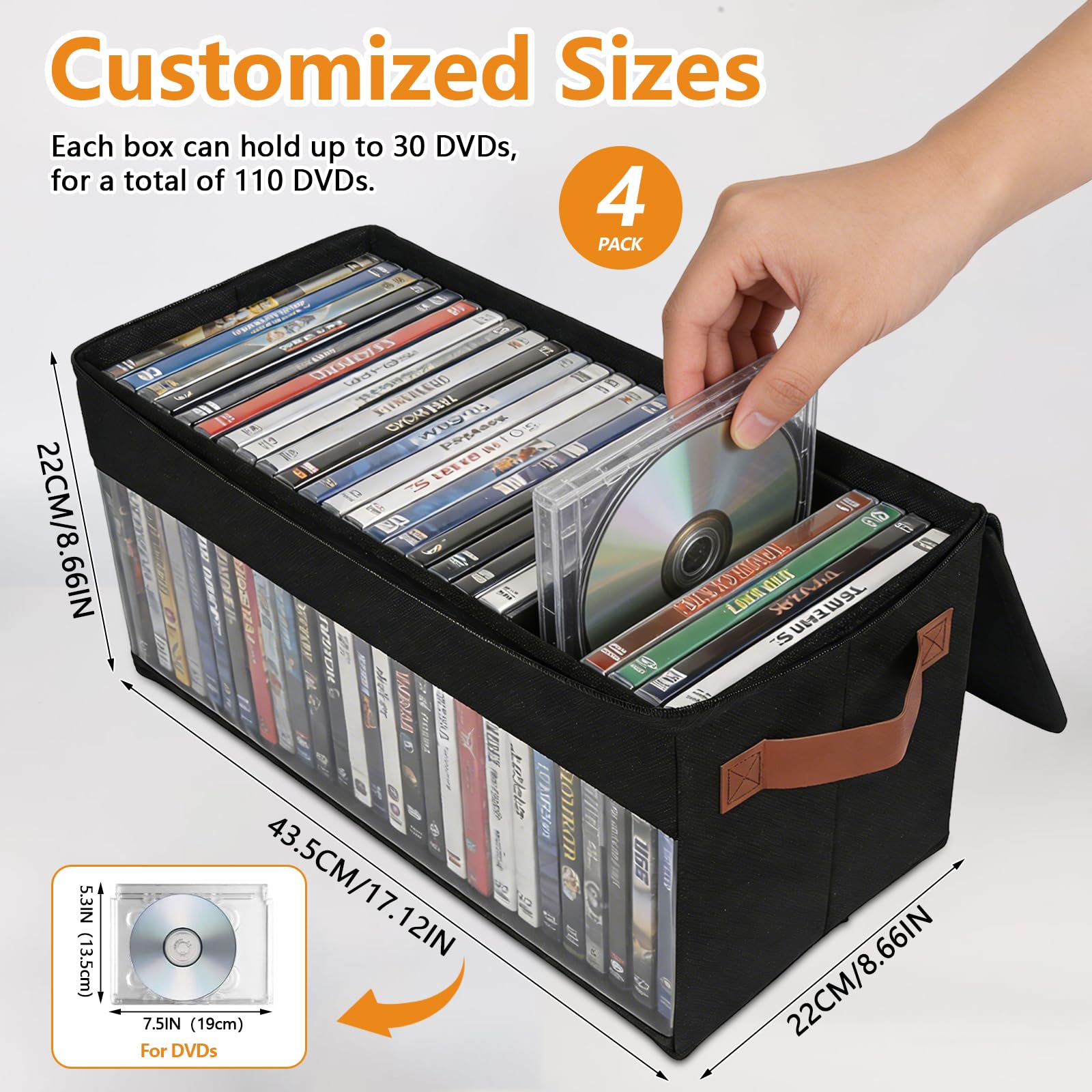 Confezione da 4 scatole per DVD, 43,5 x 22 x 22 cm, con coperchio con cerniera e finestra, contenitore per 50 DVD in custodie piene, 85 DVD in custodie sottili e 220 dischi in custodie per CD