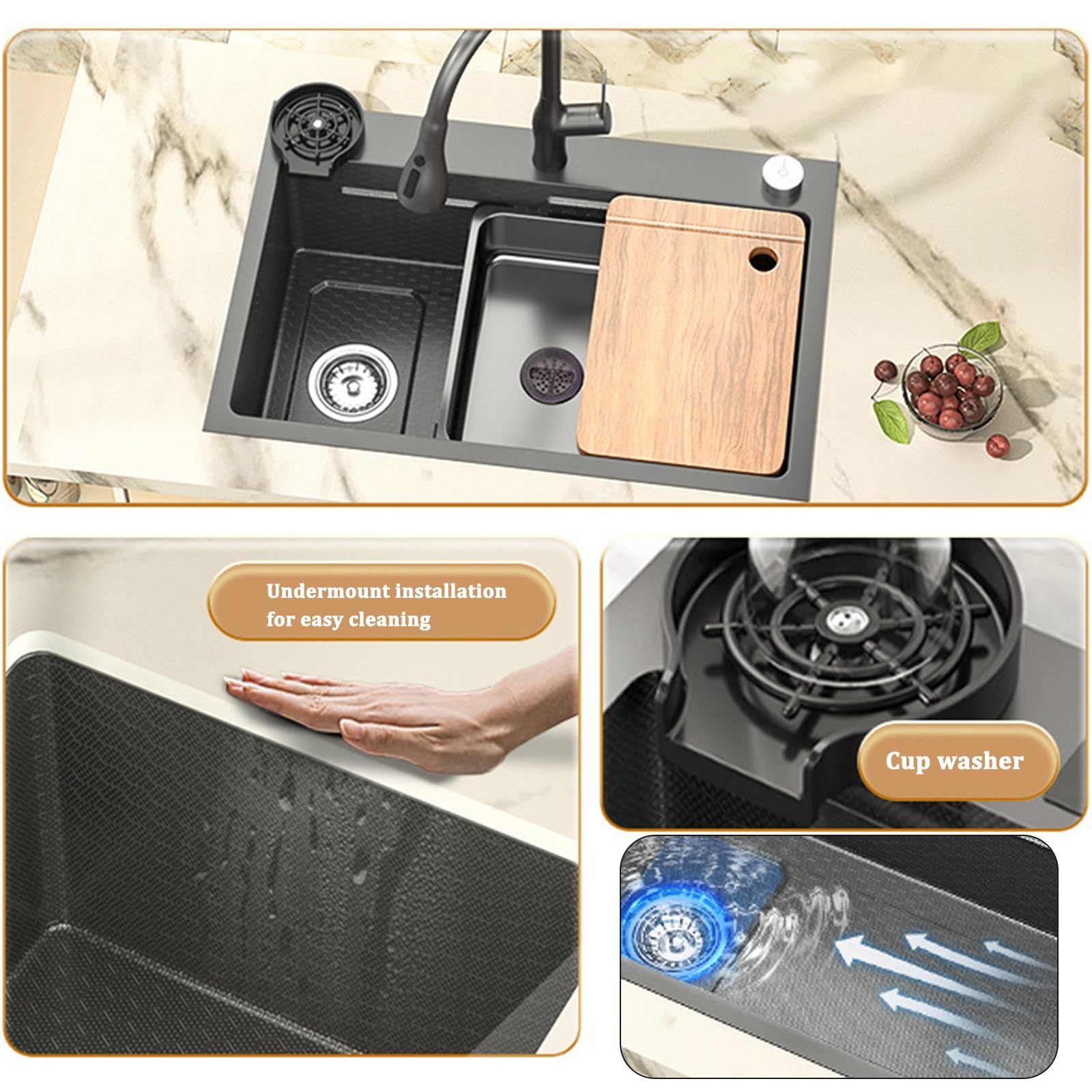 Fregadero de cocina de un solo tazón negro de acero inoxidable 304 con grifo extraíble, drenaje lateral izquierdo, kit completo de instalación incluido (60 x 45 x 22 cm)