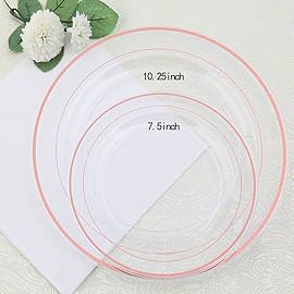 I00000 60 Pcs Rose Gold Plastic Plates, Disposable Party Set Include: 60 Clear Plastic Plates with Rose Gold Trim for dinner and dessert Perfect for Holidays, Wedding & Party Supplies
