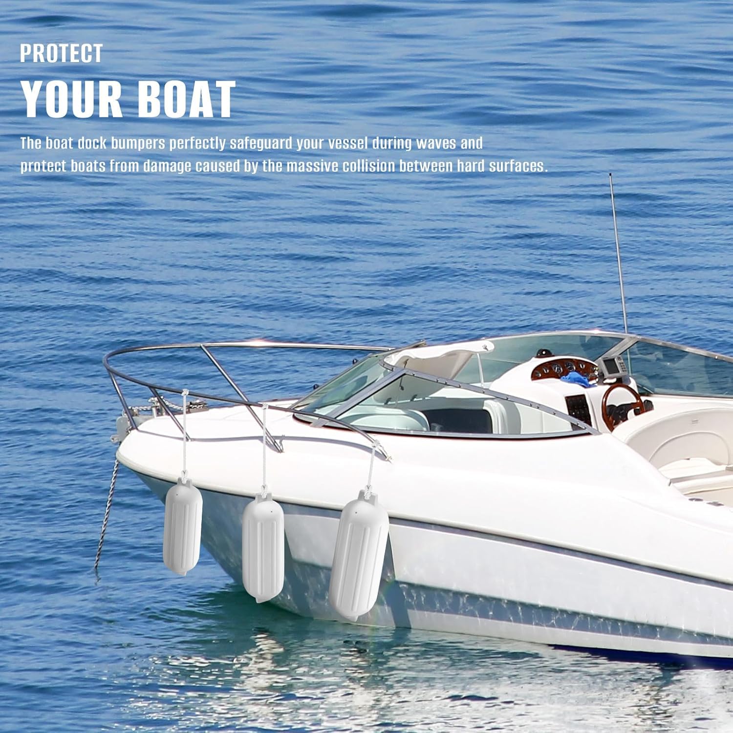 NEWFUN Set de 4 Pare Battage pour Bateau,PVC 40x10cm Garde-Boue De Bateau, Lignes d'ailes Incluses, Garde-Boue Nervuré Gonflable avec Trous Centraux,Convient aux Bateaux de 3 à 6 Mètres