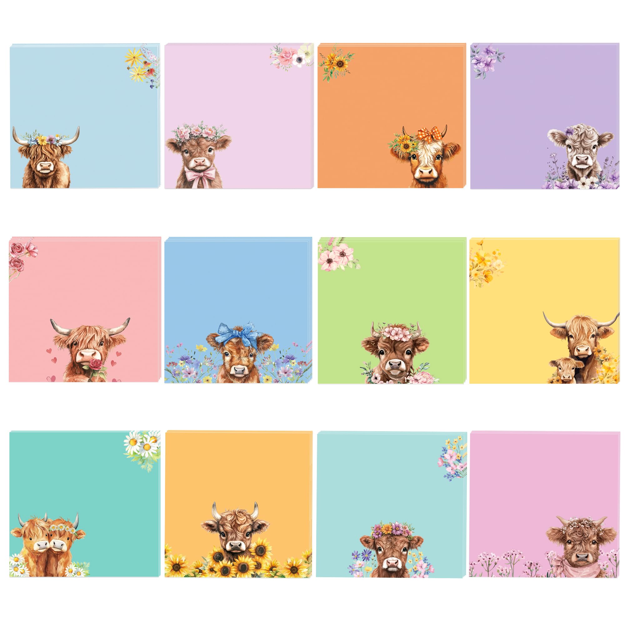 240 Sheets/12 Pads Highland Cow Sticky Notes Cow Self-Adhesive Writing Notepads for Student Teacher to-Do List Post Its Message Reminder Choir Gift Appreciation Gifts School Office Supplies