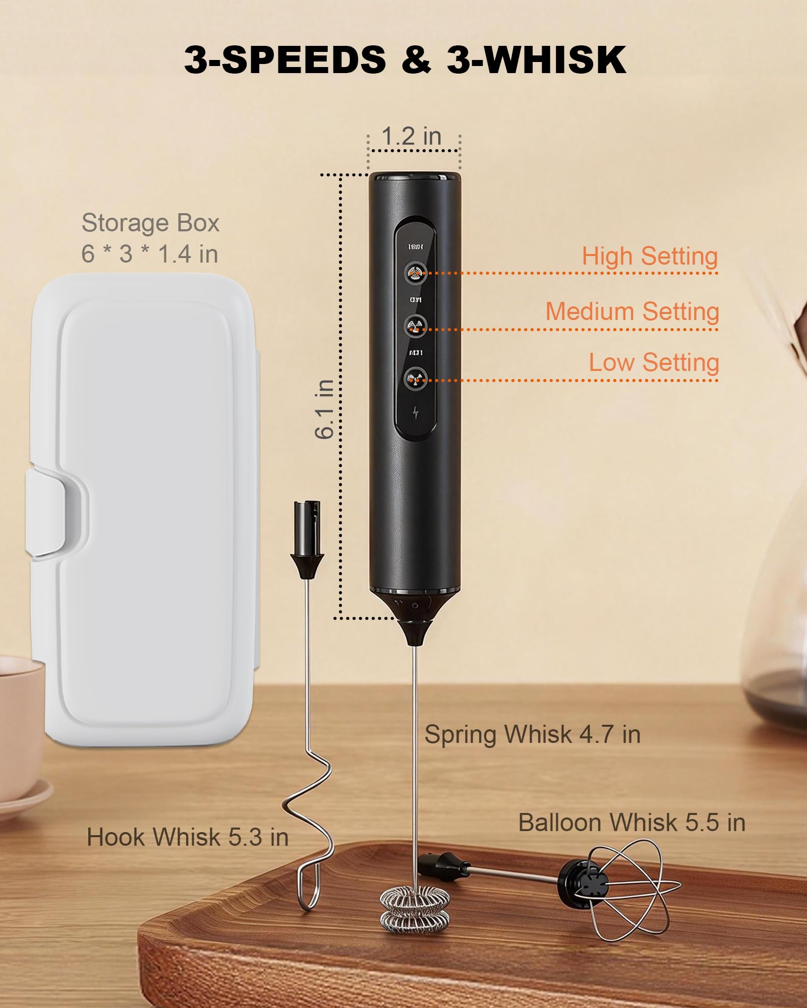 Mousseur à lait rechargeable avec boîte, mousseur à café portable à 3 vitesses avec 3 fouets, baguette mousseuse électrique pour café, latte, cappuccino, chocolat chaud, matcha et œuf, noir