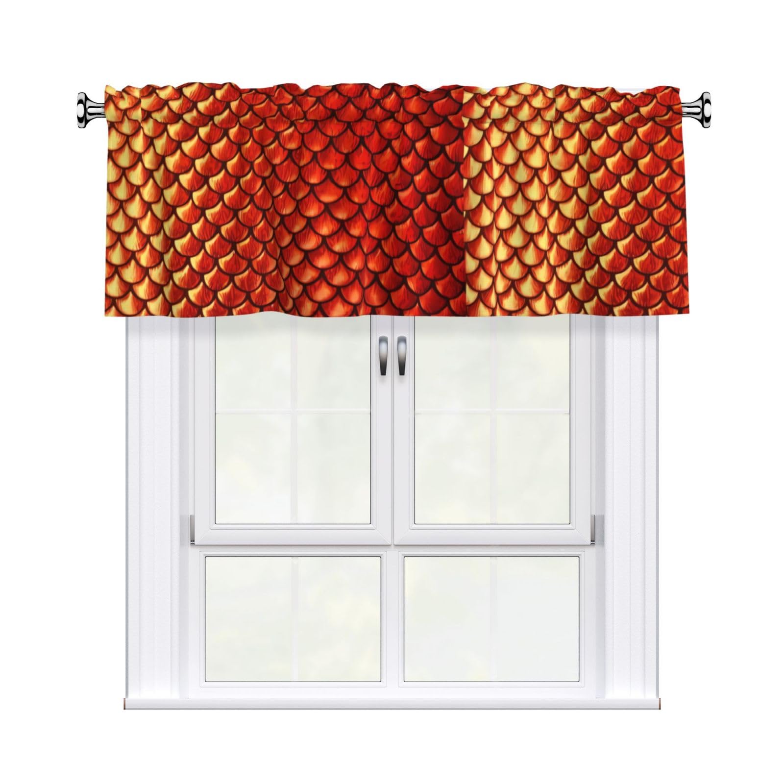 WHJDPP red fish scale Prints Charming Kitchen Window Cover – 54x18 Inch Peach Skin Valance with Decorative Print