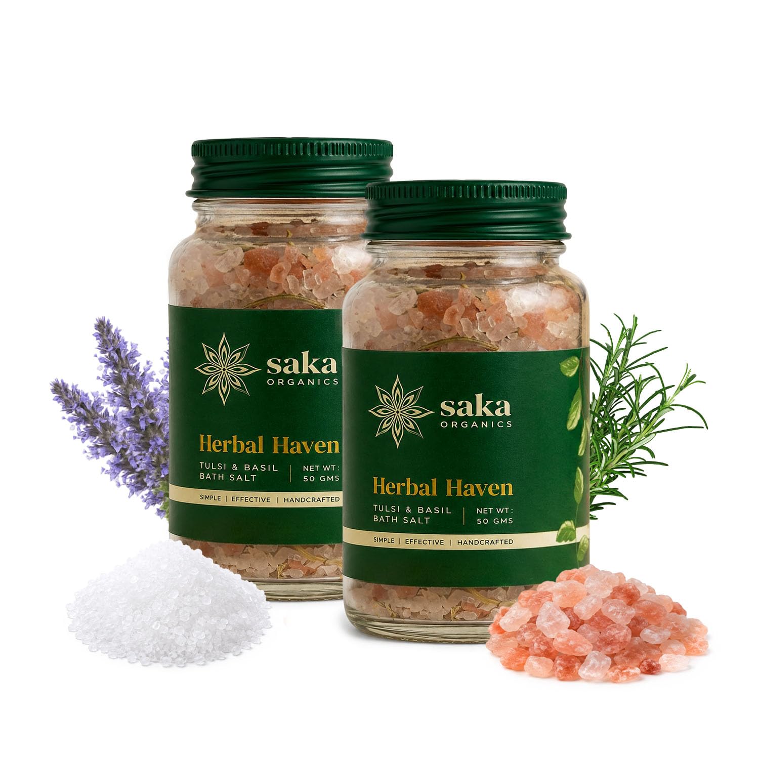 Saka Organics - Herbal Haven | Handmade Tulsi & Basil Bath Salt with Rosemary Flakes and Patchouli Oil | Natural Relaxation | Aromatherapy | Relaxing and Refreshing Bath | (100 gm) (Pack of 2)-image-37