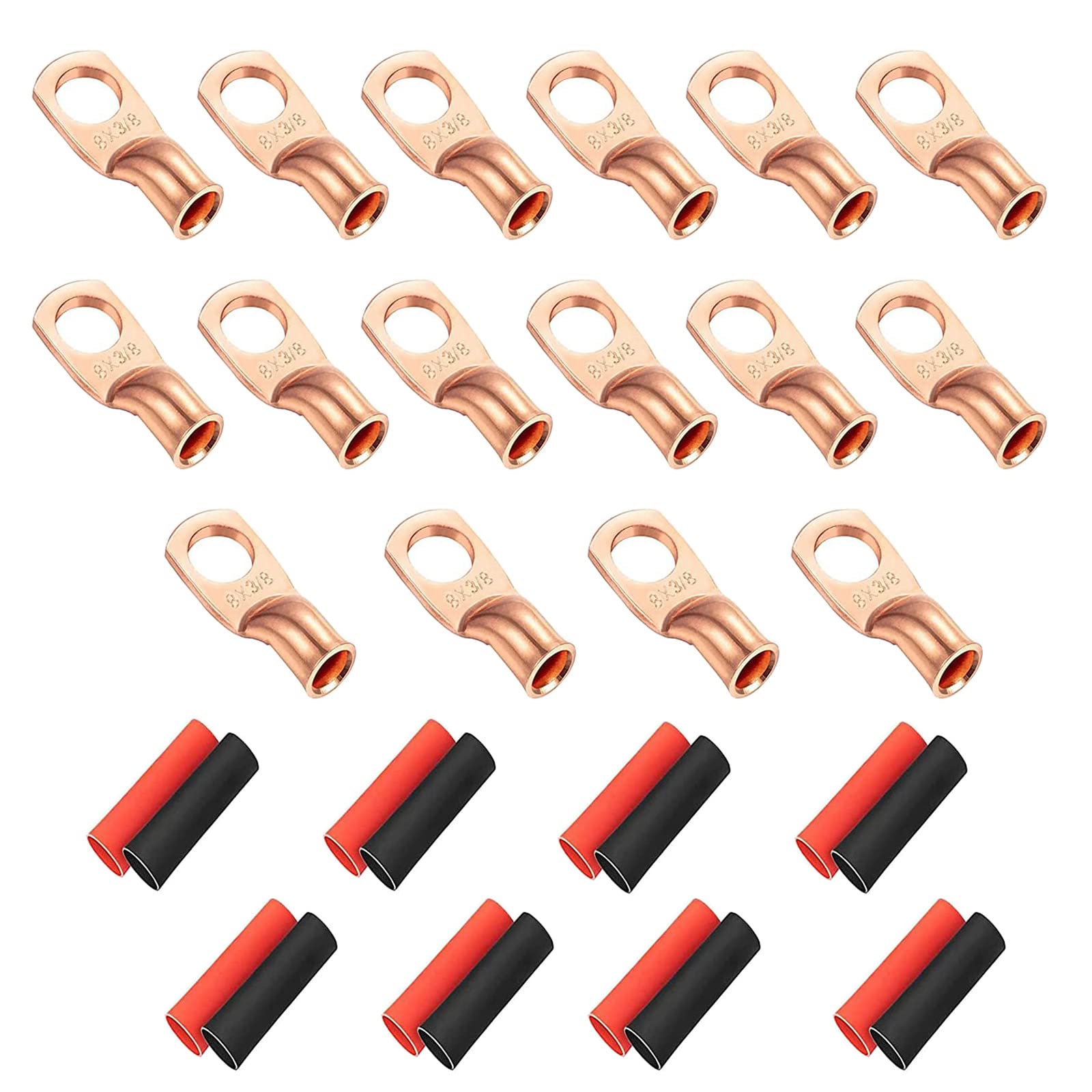 HUAZIZ 32 piezas Conectores de Terminales de Alambre de Cobre, con termoencogimiento, 16 piezas Tapones de Cable de Batería con 16 piezas Tubos Termorretráctiles