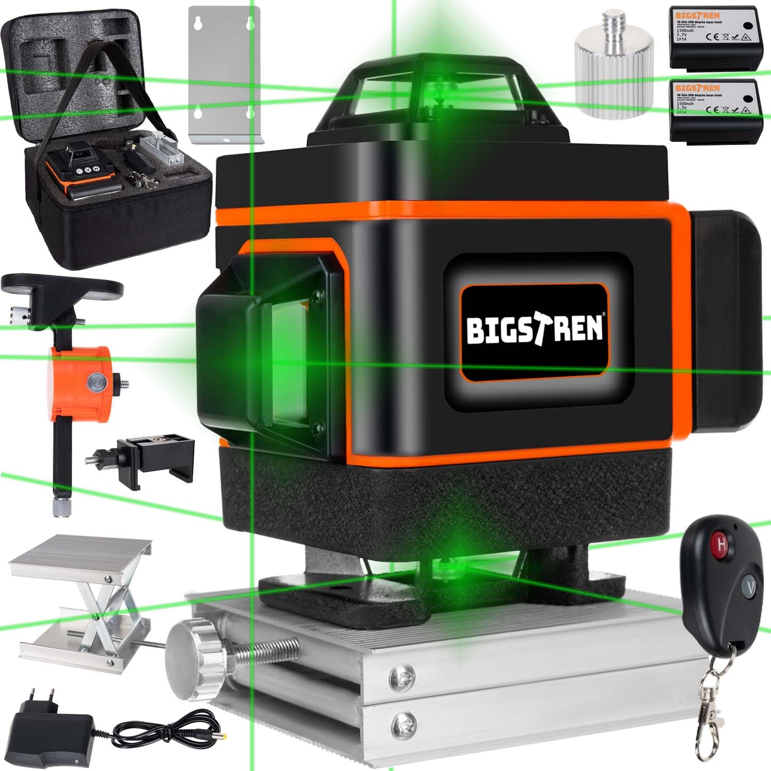 BIGSTREN Crossline Laser Verde Autolivellante 16 Linea Laser 4D 360 Gradi IP54 Polvere Impermeabile Sacchetto Telecomando 18763
