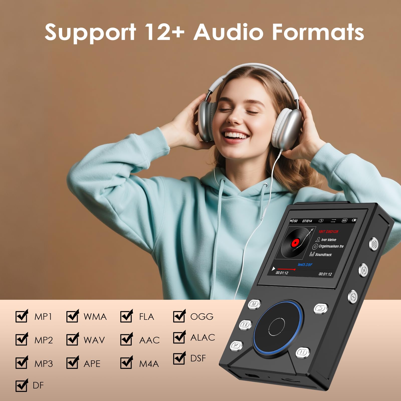 Gueray Lettore MP3 HIFI 16GB con Bluetooth 5.3 - Lettore Audio Digitale Alta Risoluzione Senza Perdita, Supporto Radio FM, Registratore Vocale, Scheda di Memoria da 64GB (Espandibile fino a 256GB)