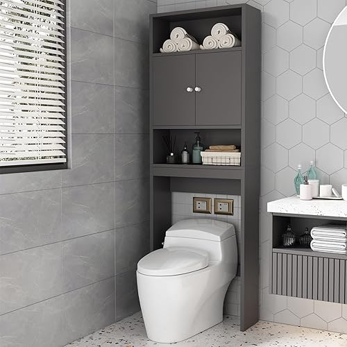 TCENLON Armario de almacenamiento sobre el inodoro, armario de baño de madera sobre el inodoro con estante ajustable y puertas dobles, organizador