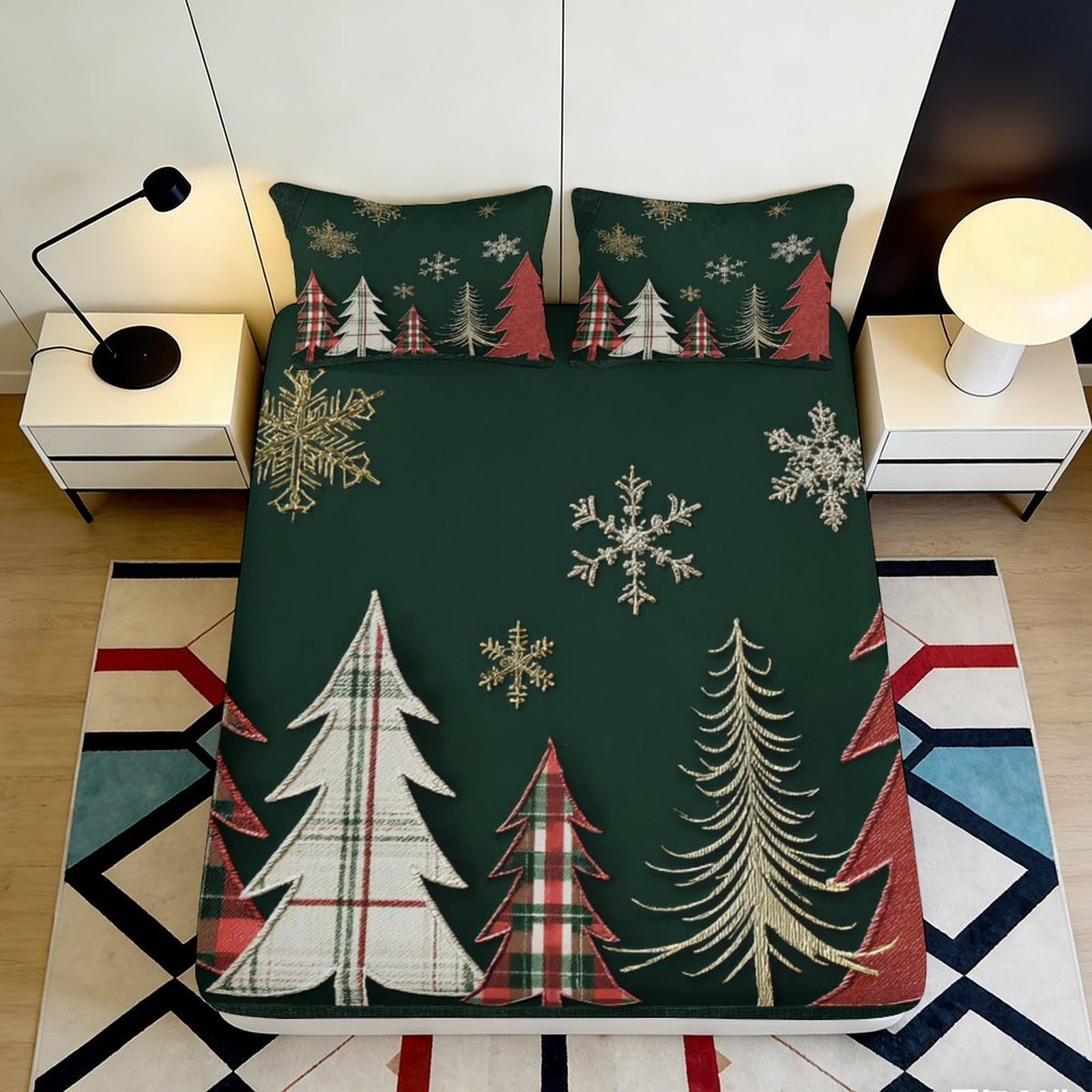 3D Printed Christmas Trees Fitted Sheet Microfiber Soft Breathable Snowflake Bed Cover for Bedroom Dormitory Guest Room Protection Decor 140x200x25cm