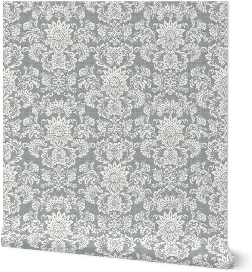 Removable Wallpaper 3ft x 2ft - White Flower Damask Leaves Modern Gray Monochrome Floral Grey Neutral Custom Pre-Pasted Wallpaper by Spoonflower