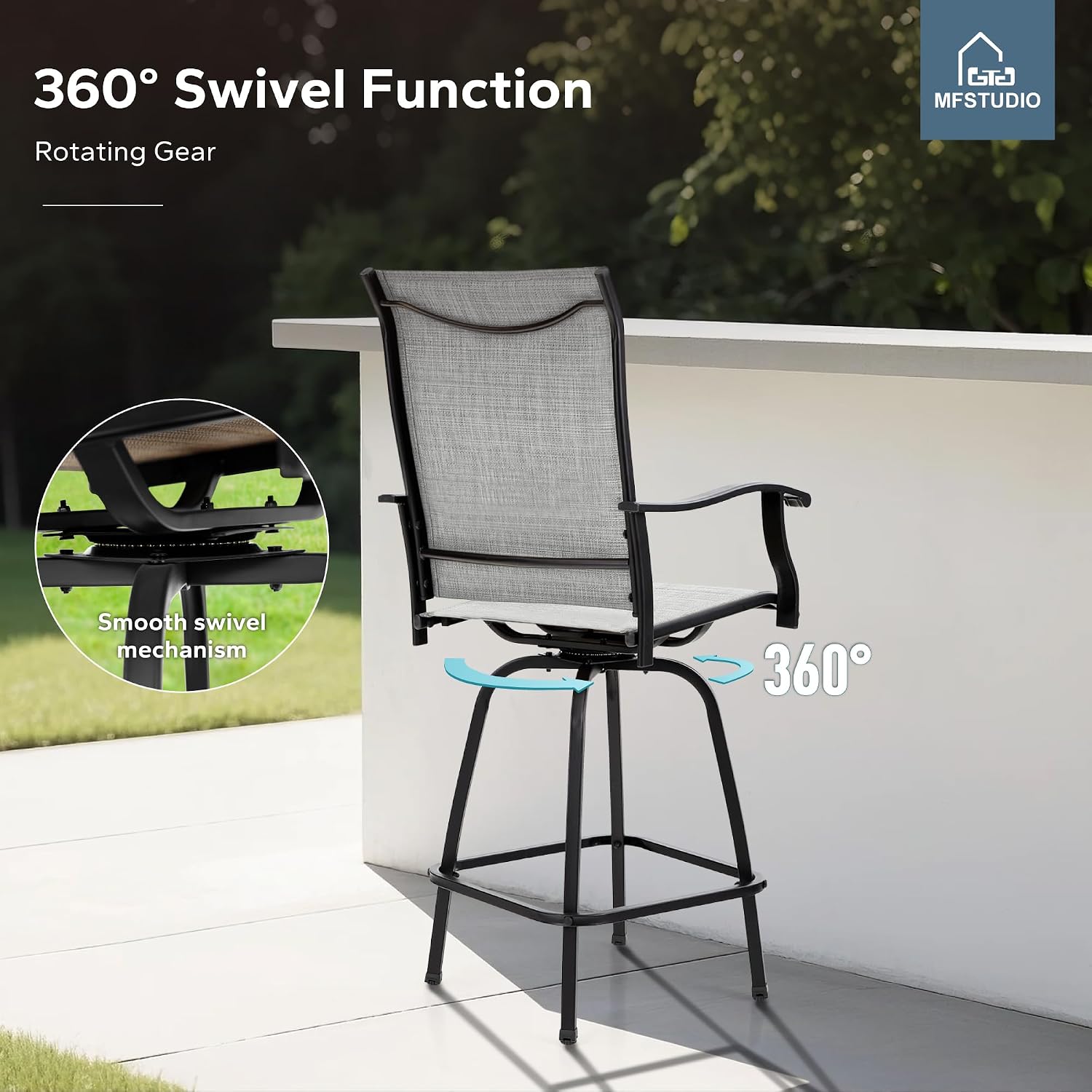MFSTUDIO Patio Bar Set of 5, Outdoor Bar Height Table and Chairs, 1 x Metal Slat High Top Bar Table and 4 x Swivel Outdoor Bar Stool, Light Grey