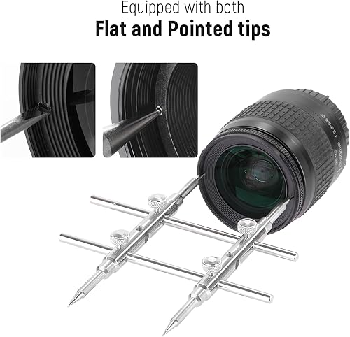 Miniatura 21 de NEEWER Llave inglesa de lente de acero inoxidable, herramienta profesional curvada de doble cara puntiaguda/plana de extracción de lentes con cuatro