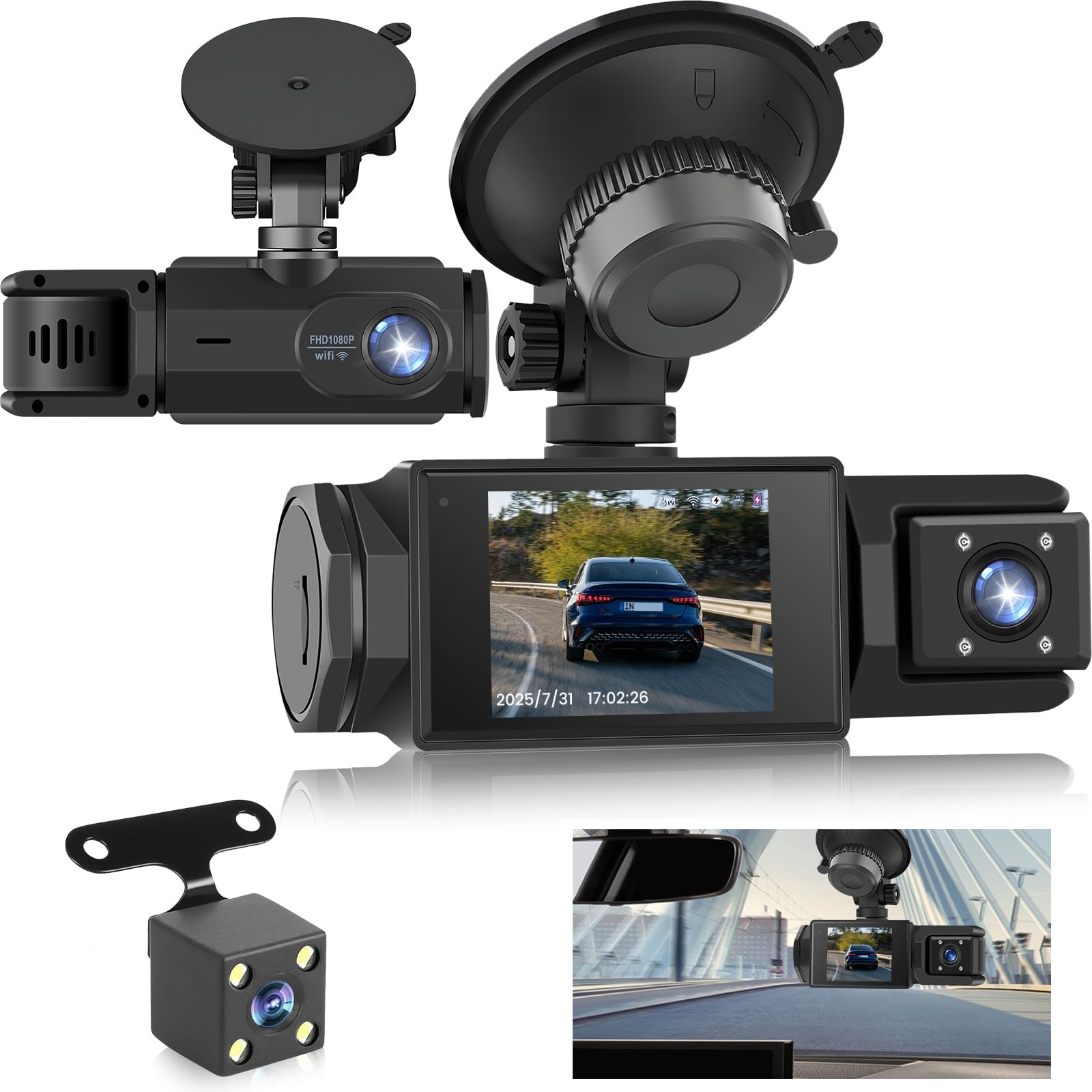 Dash Cam Auto Senza Fili WiFi – 3 Canali Fronte Interno Retro, Full HD 1080P, 2” IPS, Visione Notturna, Rilevamento Movimento, Loop, Obiettivo Rotabile