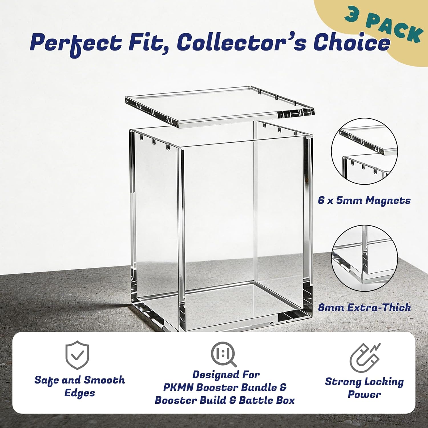 Booster Bundle Acrylic Case 3 Pack – Magnetic Booster Bundle & Build and Battle Box Protector Display Case, 5mm Thick Clear Acrylic Storage Box with 3mm Magnet Lid, Stackable Collector Protection