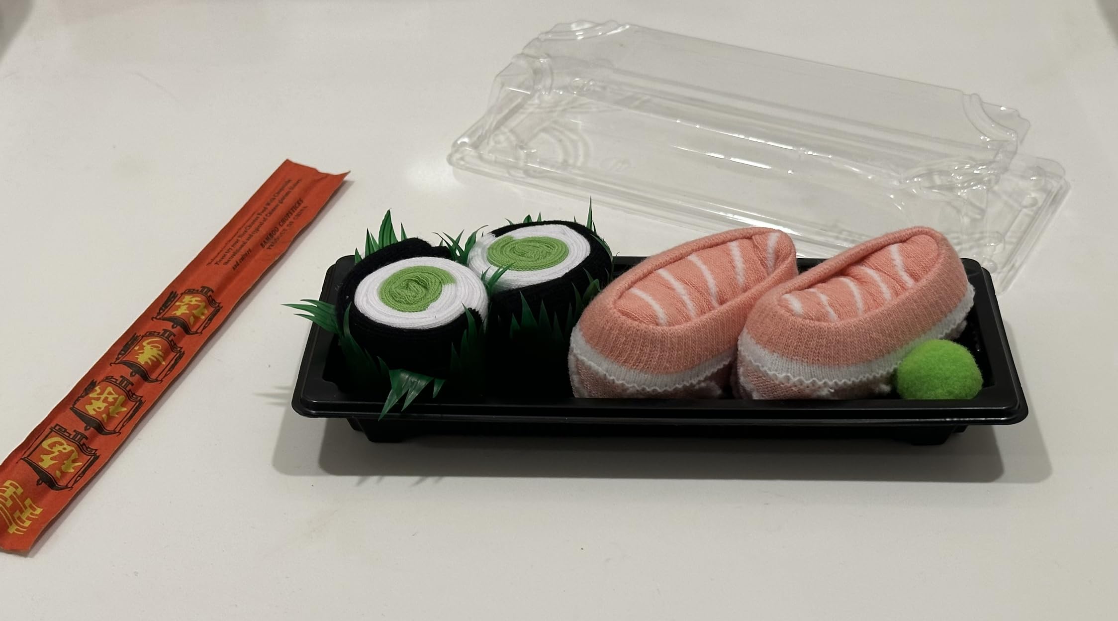Sushi Socks Box: 2 pairs featuring Salmon Nigiri and Cucumber Maki designs. So cute and comfy! Stretchy, and unisex.