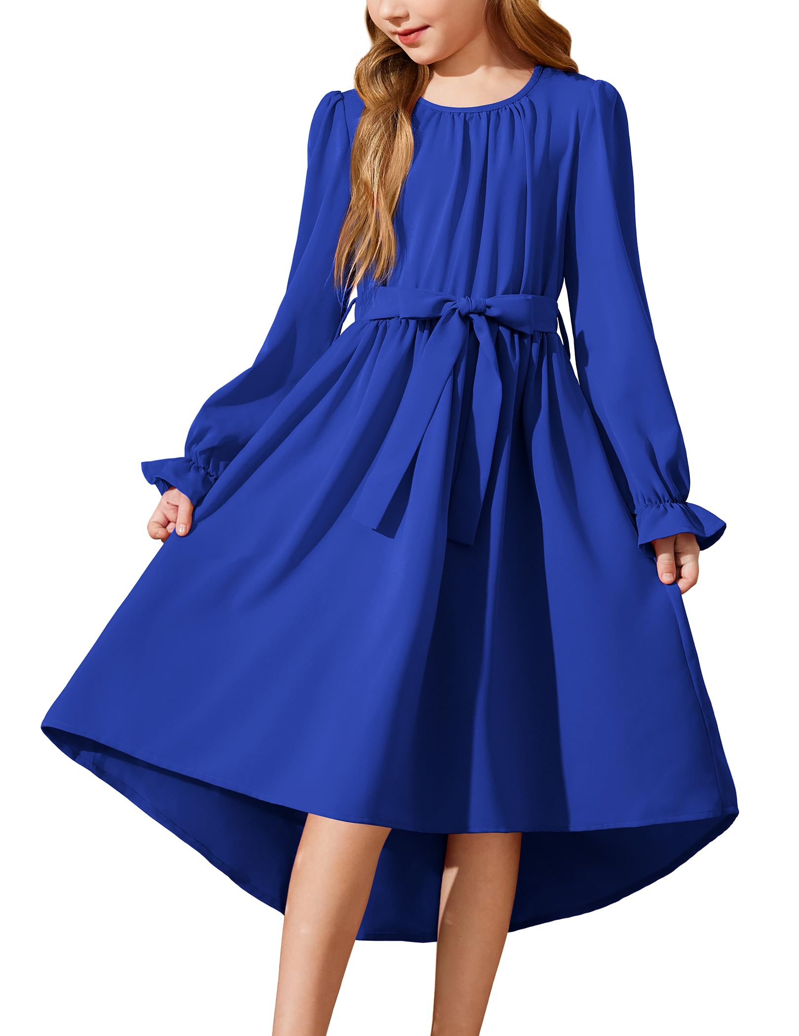 Arshiner Vestido Gasa Manga Larga Niña Vestido de Corte A Vestido Alto y Bajo Vestido de Noche Niños Vestido de Fiesta Festivo Vestido de Fiesta de Otoño e Invierno con Cinturón y Bolso 5-12 Años