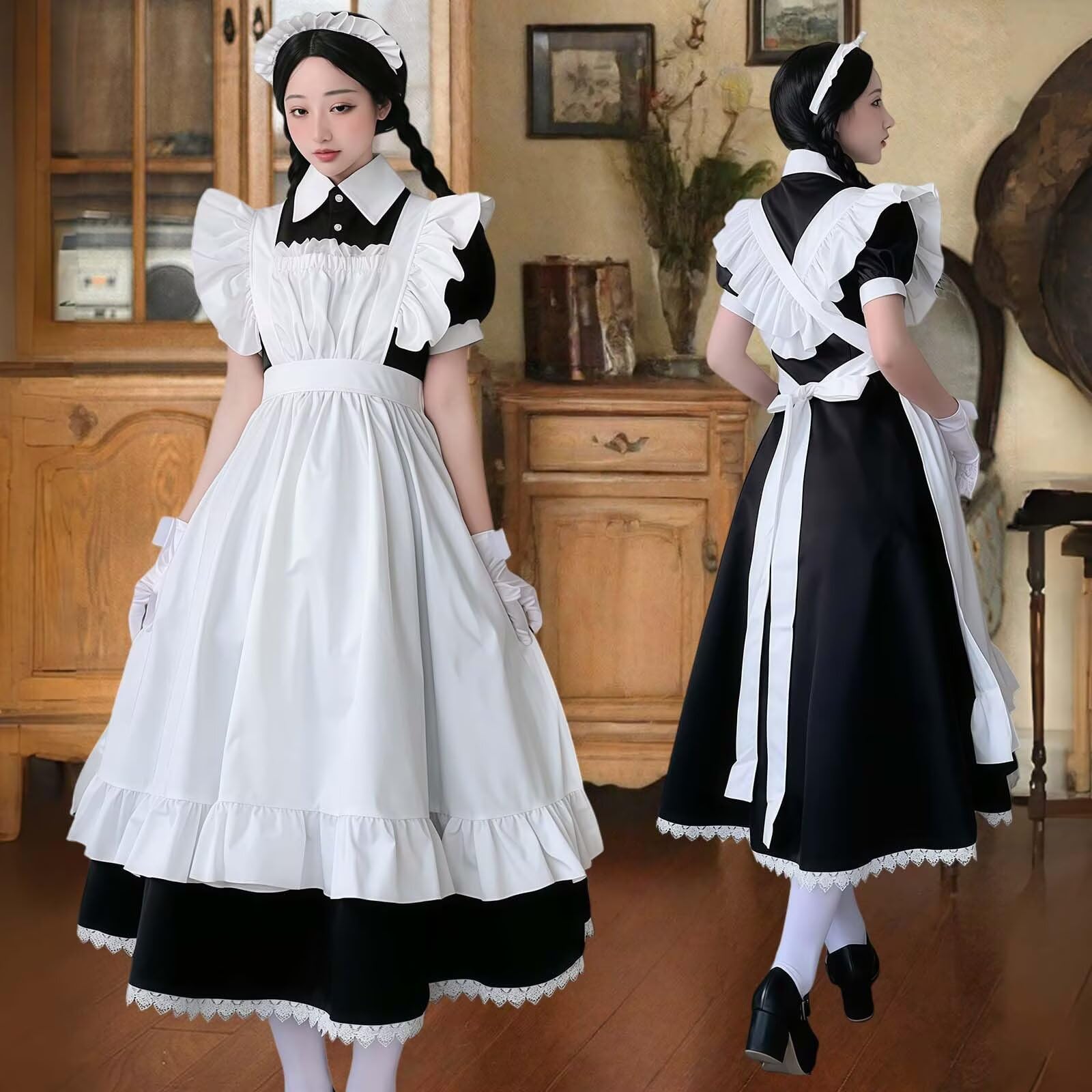 Maid Dress Cospaly Long Sleeve French Maid Costume Anime French Maid Dress Lungo Cameriera Costume con Grembiuli Copricapo per Halloween Carnevale Cosplay