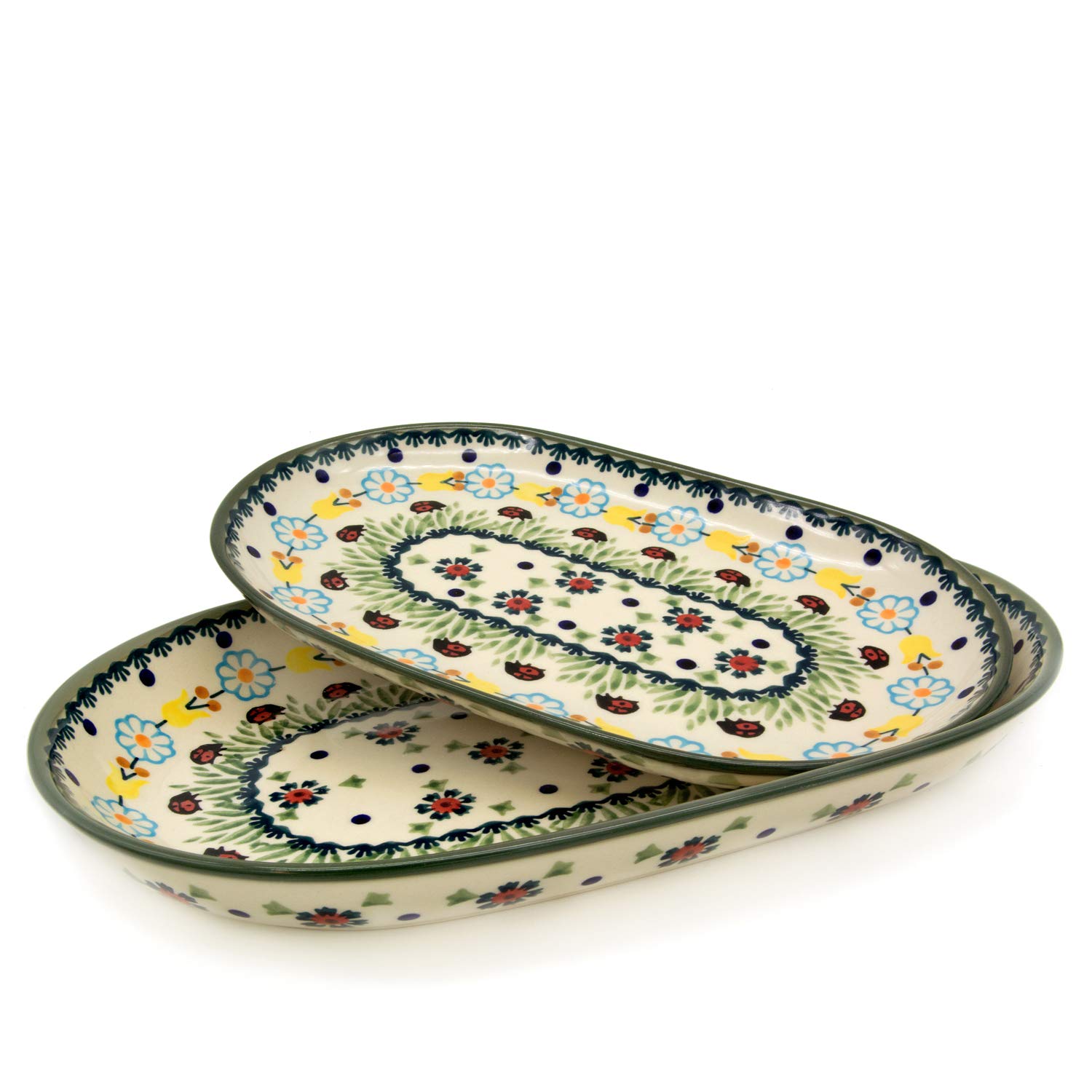 Bunzlauer Set aus 2 ovalen Servierschalen 23,5 und 27 cm lang (Dekor Marienkäfer, 23,5 und 27 cm lang)