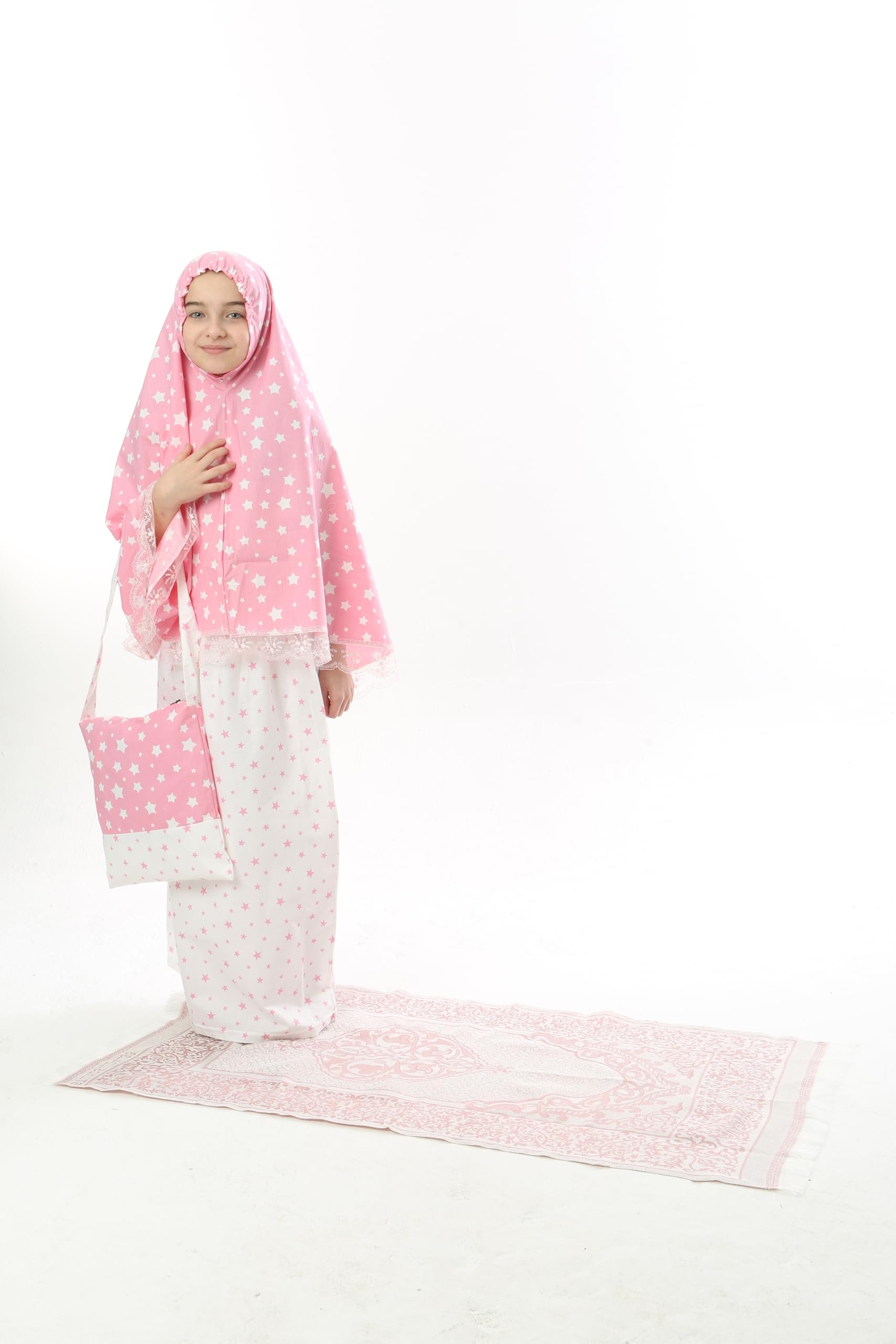 Mädchen Gebetskleidung Kinder Islamische Kleidung Kleid Mädchen zweiteilige Kleider Maxi skirt, langer Hijab und Rosenkranz Geschenk Sterne gedruckt