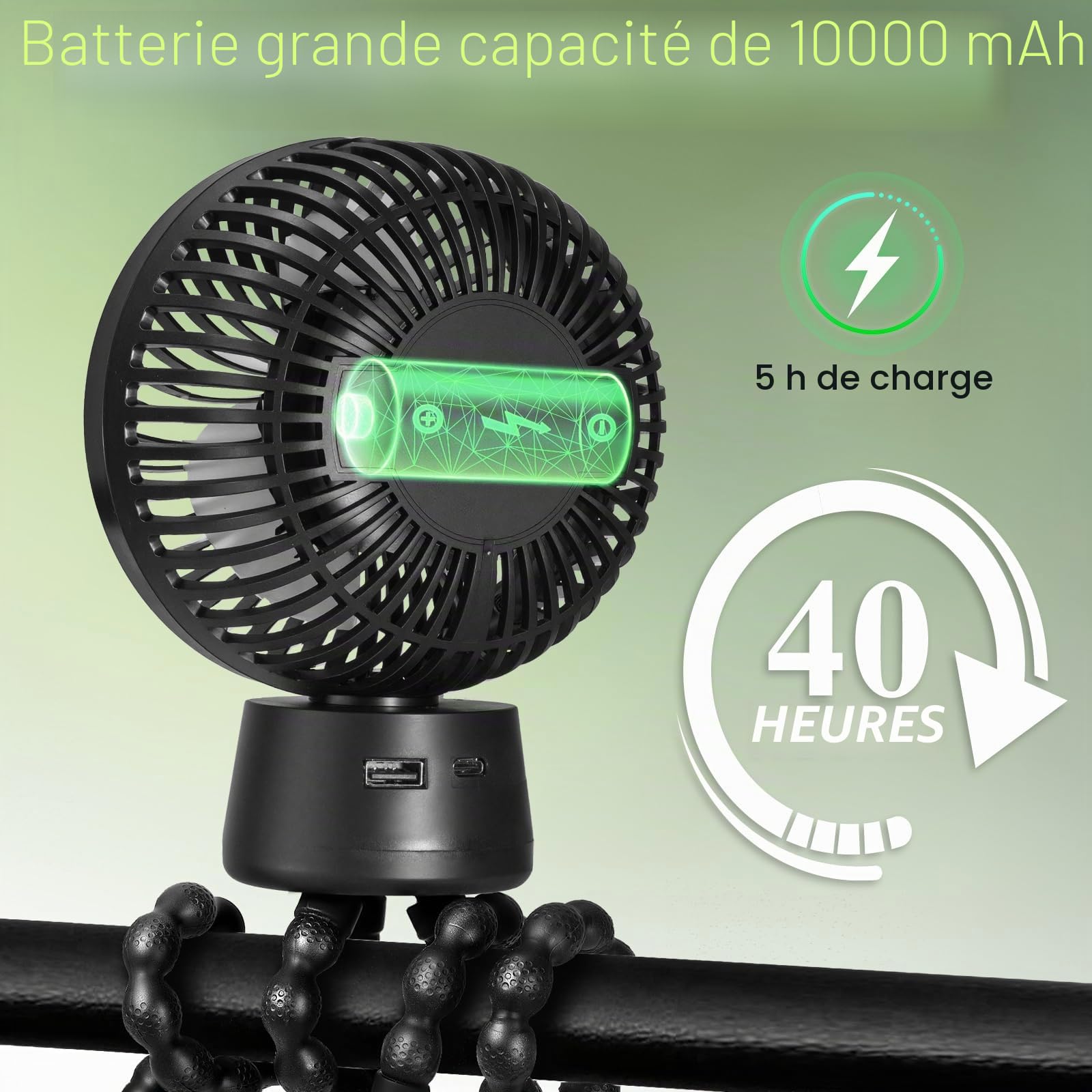 POPERFUN Ventilateur de Poussette 10000mAh, Ventilateur Portable avec Lumière LED, 3 Vitesses Ventilateur USB Rechargeable pour Poussette, Berceau, Siège Auto, Bureau, Voyage (Noir)