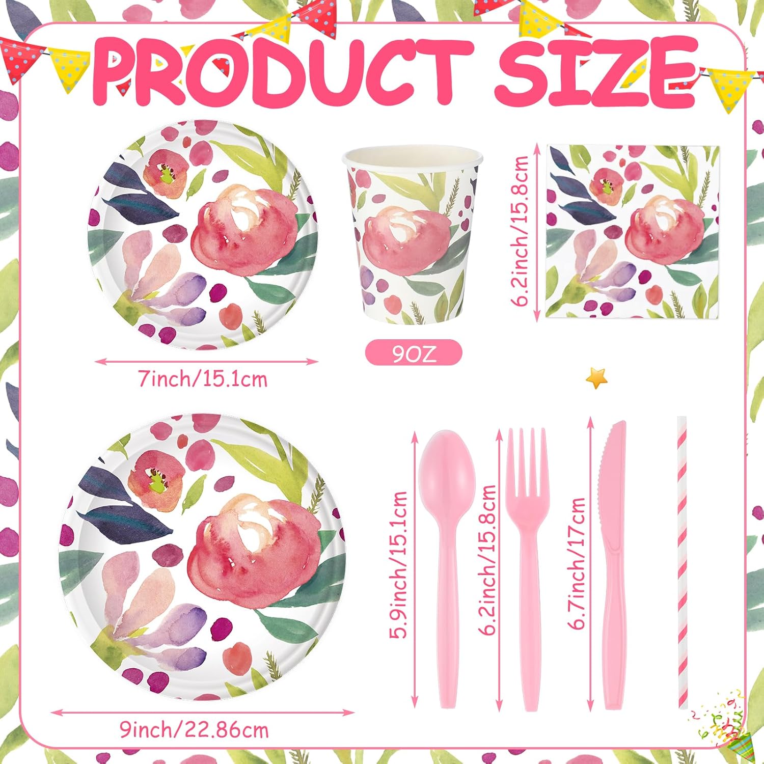 Bokon 168 Pcs Floral Party Supplies Watercolor Flower Paper Plates Napkins Disposable Cups Plastic Knives Spoons Forks Tableware Set for Wedding Bridal Shower Birthday Spring Party Decor Serves 25