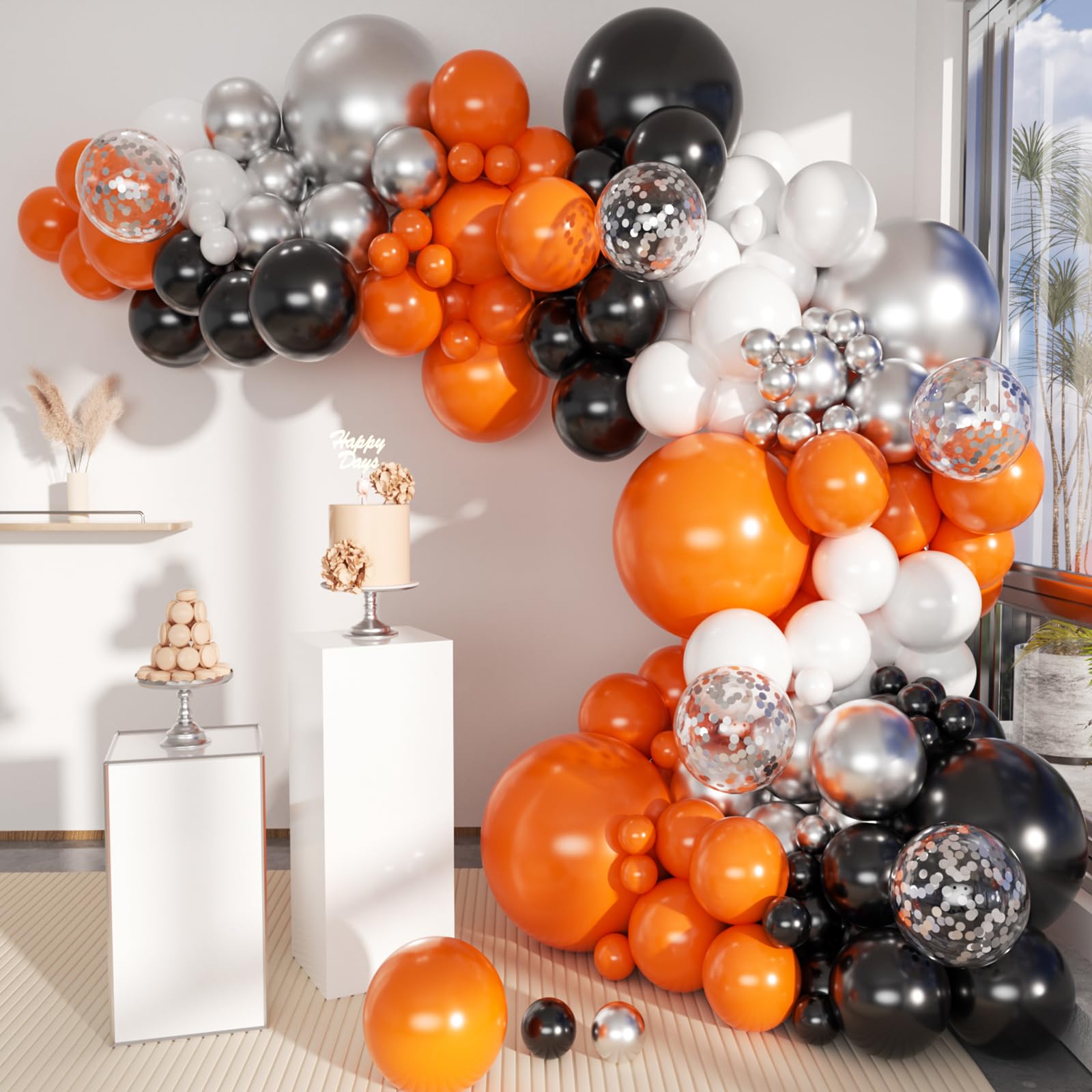 MEBAY Orange Black White and Metallic Silver Balloons Garland Arch Kit, 146 Pcs Latex Balloons with Confetti for Birthday Party Graduation Father's