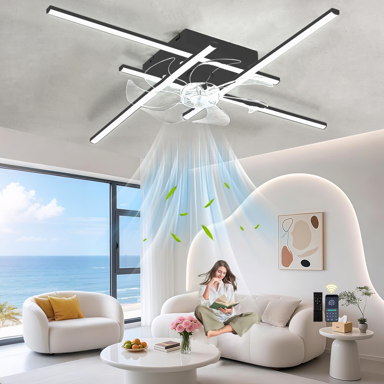 SXDMOUBK Smart Ceiling Fan with Lights & Remote 24W LED Chlier 6 Speeds 3000K-6000K Dimmable Quiet Reversible Fan for Bedroom & Living Room Modern Black Design