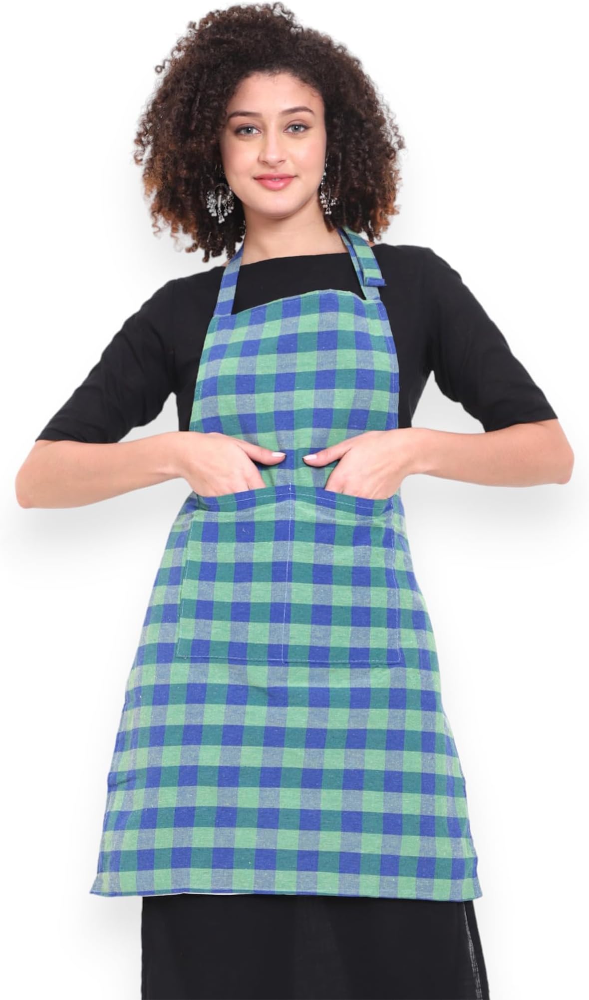 GLUN Waterproof Unisex Kitchen Apron Checkered with 2 Big Size Front Centre Pocket and Adjustable Neck Strap (Blue-Green)