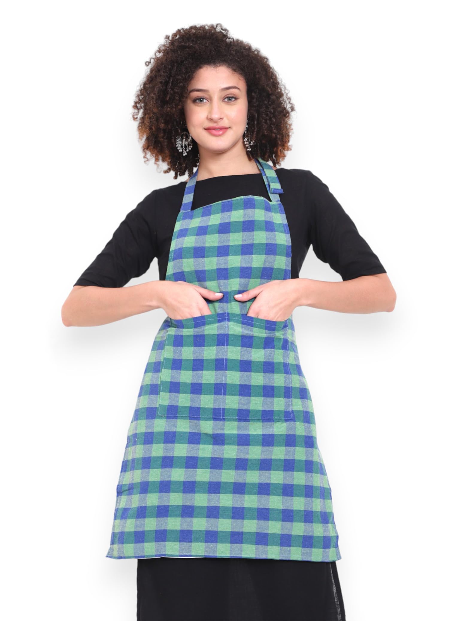 GLUN Waterproof Unisex Kitchen Apron Checkered with 2 Big Size Front Centre Pocket and Adjustable Neck Strap (Blue-Green)