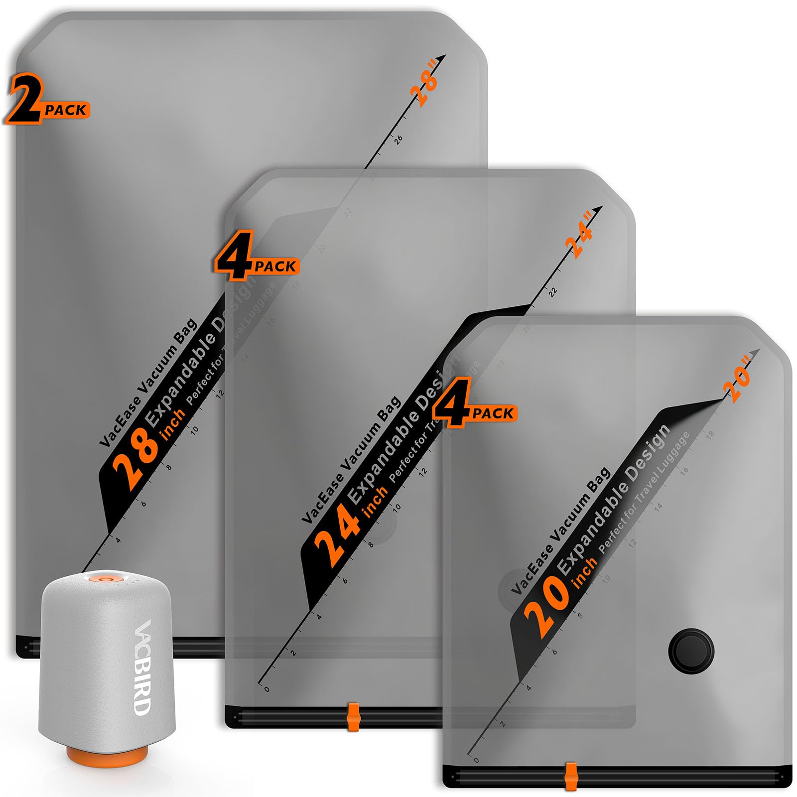 Vacbird Sacchetti Sottovuoto Vestiti Con Pompa Sottovuoto Senza Fili, 10 Pezzi (4 * 40x54cm, 4 * 47x64cm, 2 * 54x74cm), Buste Sottovuoto Vestiti Salvaspazio – Ideali per Viaggi e Organizzare Bagagli