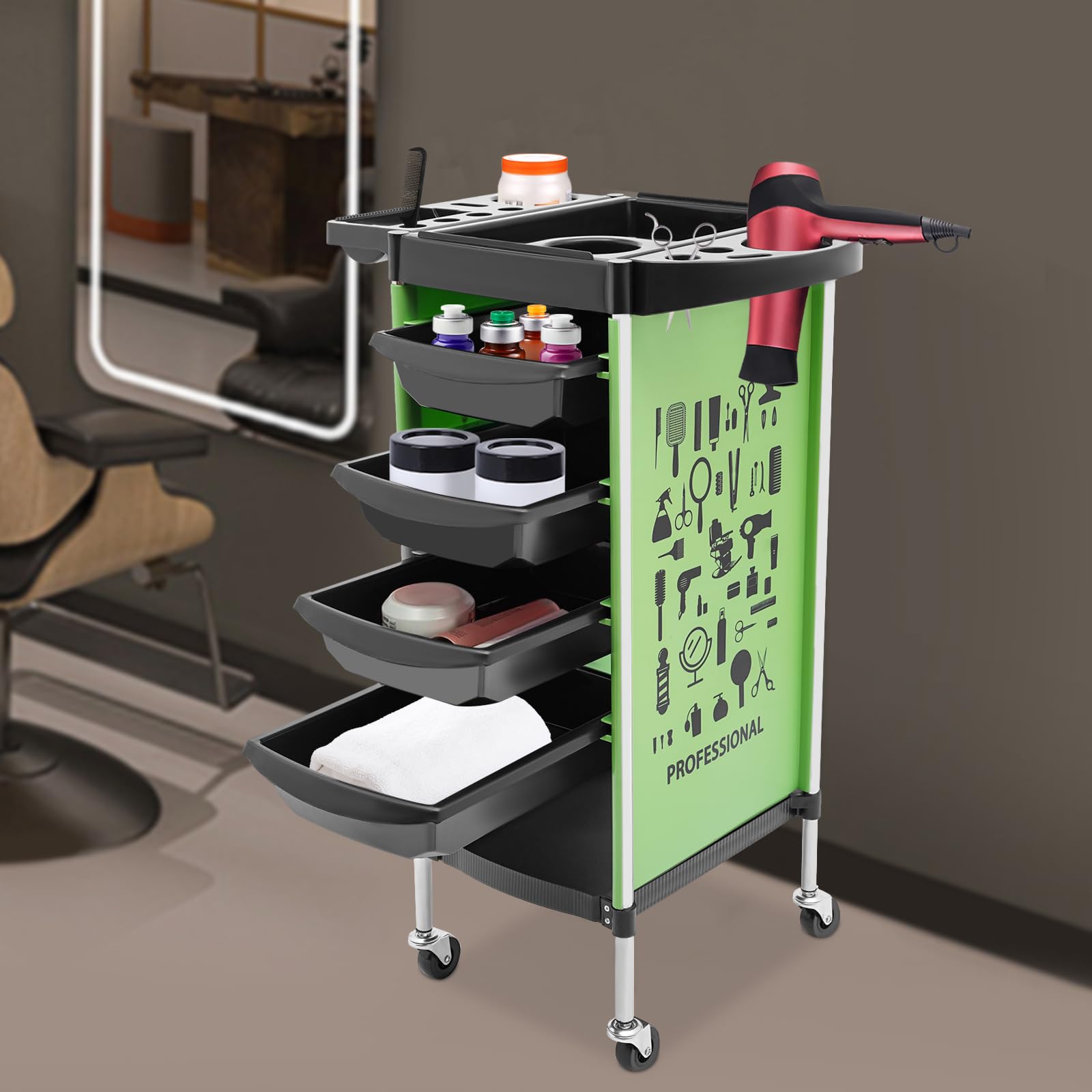 Chariot de coiffeur noir avec tiroirs sur pied rectangulaire pour salon de maquillage