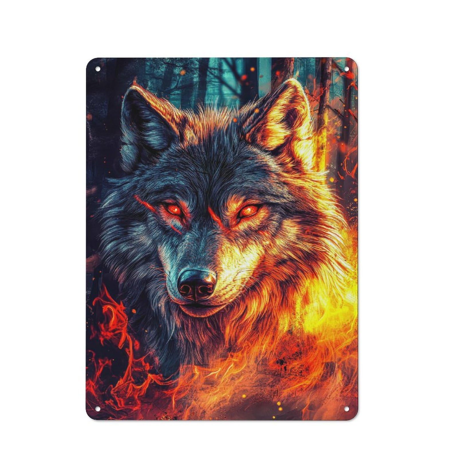Junmoney Style-17 Rustic Tin Sign 40X30cm Featuring Fiery Wolf In A Dark Forest For Living Room Wall, For Room Styling Across Living Rooms And Feature Walls
