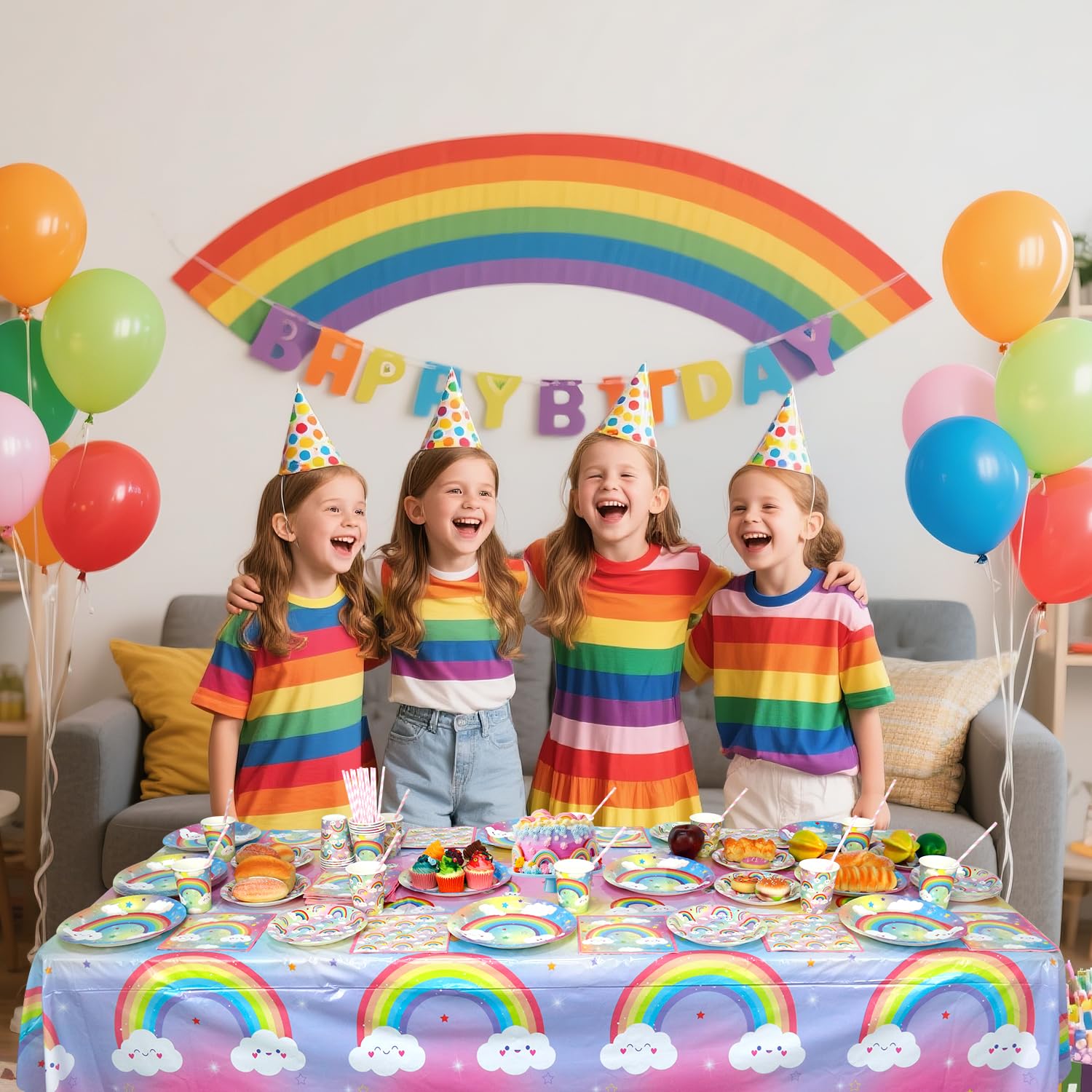 Confetti Arcobaleno per Festa - Set di Decorazioni per Compleanno con Piatti, Tazze, Tovaglioli, Tovaglia, Cannucce - Serve per 20