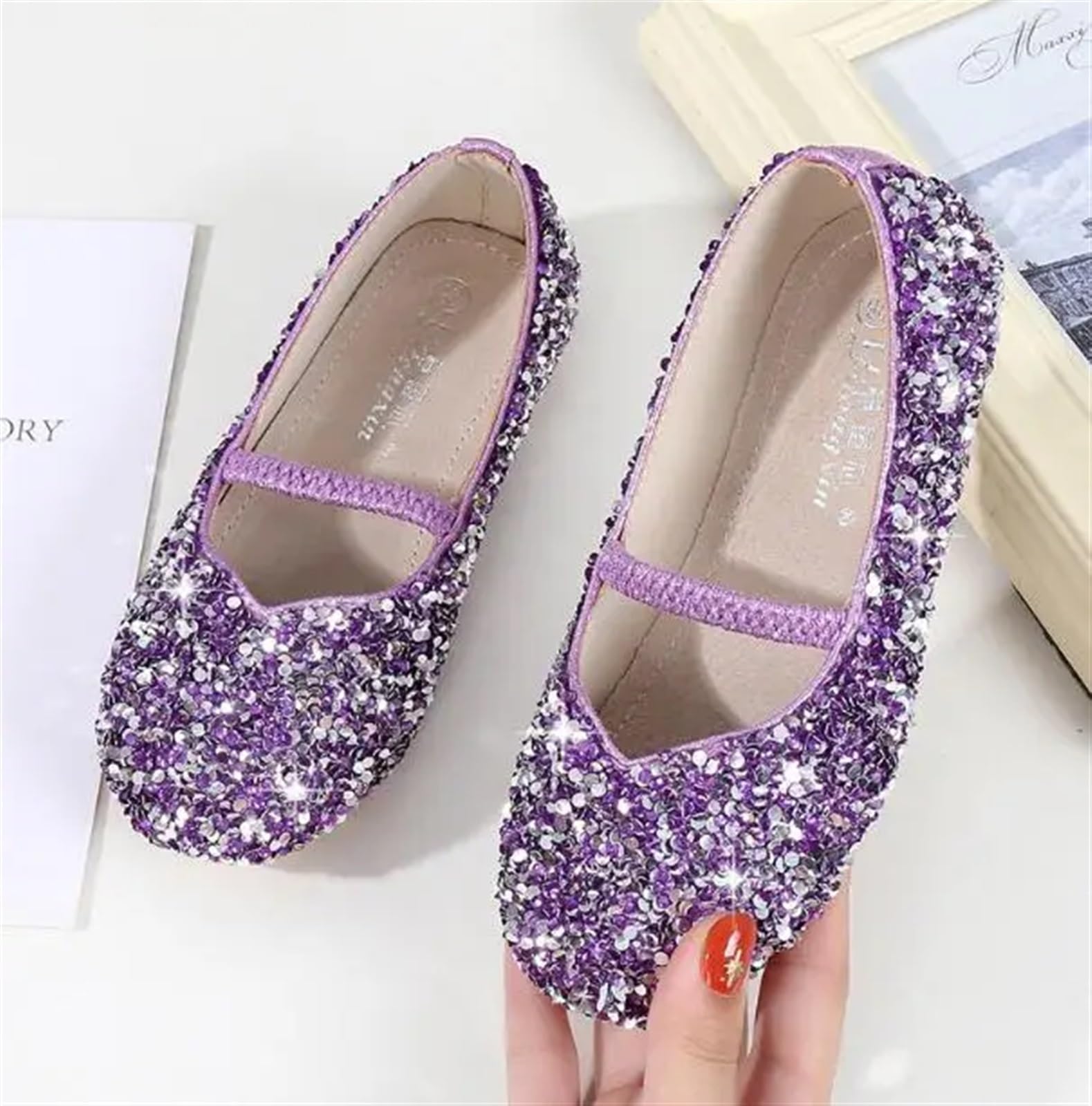 Ballettpantoffeln Abendschuhe Größe 23-36 Mädchen Pailletten Flats Lila Rosa Silber Farbe Kristall Design Prinzessin Tanzschuhe(Sliver,11)