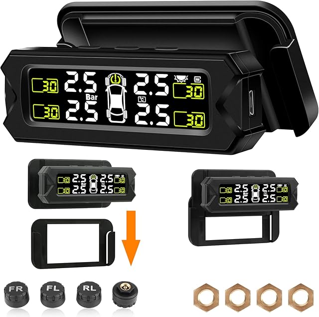 Tyre Pressure Monitoring System TPMS Solar Wireless Tire Pressure Monitor System Unique Detachable Bracket Angle Adjustable Real Time Detect IP68 Waterproof Sensors 14-87Psi for Cars SUV Trucks RV