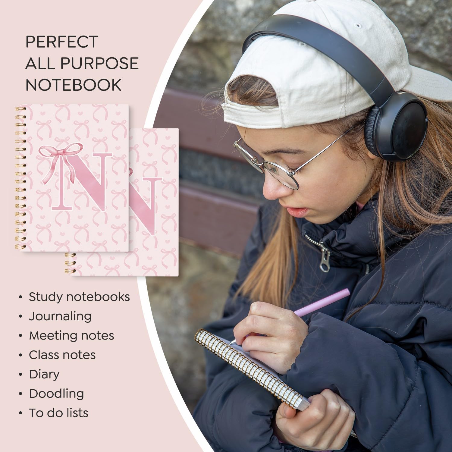 Girly Notebook, Coquette Preppy Pink Bow Notebook, Initial N Journal Personalized Teen Girl Gifts, Cute Girly Stuff Gifts for Women Teen Girl, Hardcover Spiral Notebook 5.5x8.3 - Image 6