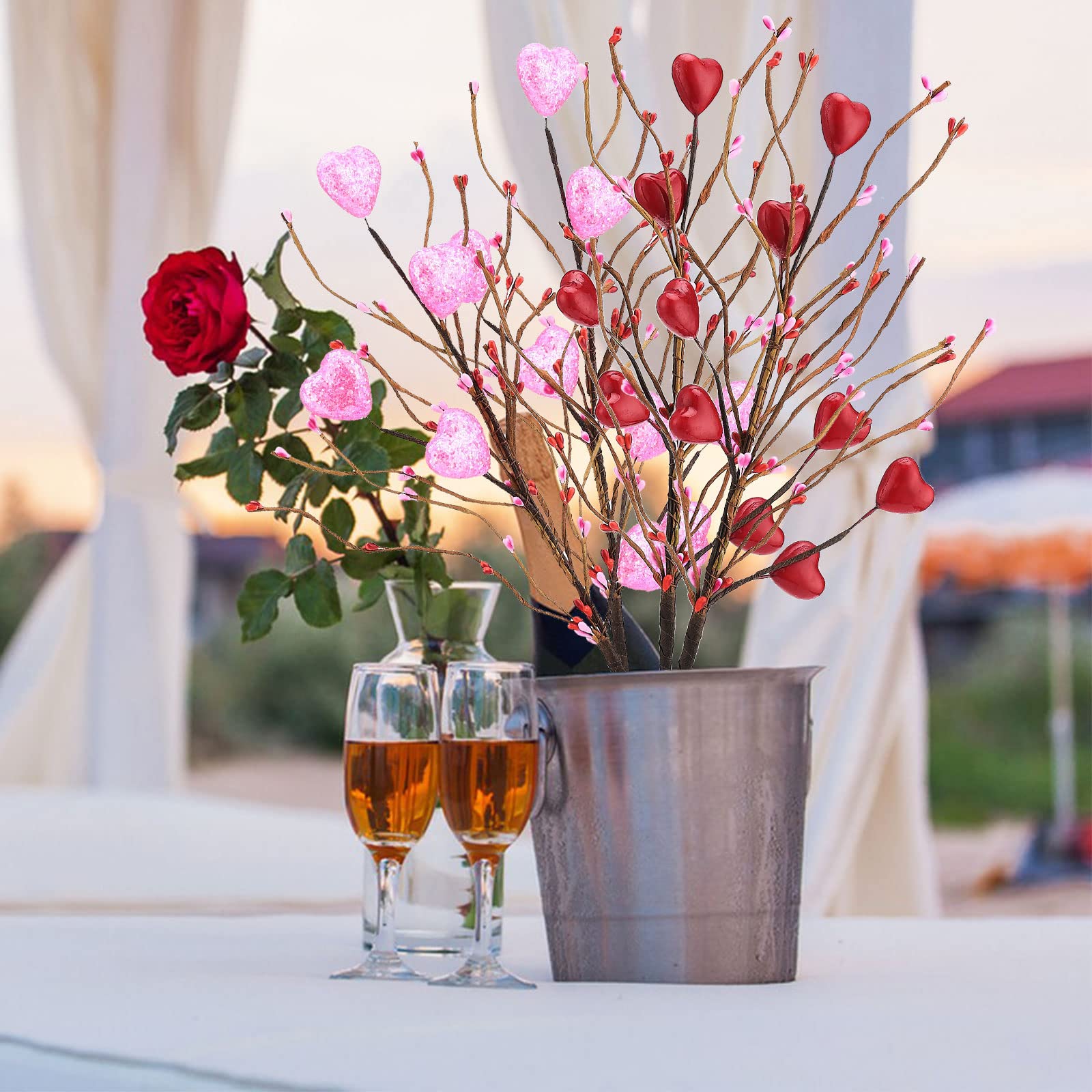 JASREE 4 pezzi di decorazione per San Valentino, rosa a forma di cuore bacche, steli artificiali
